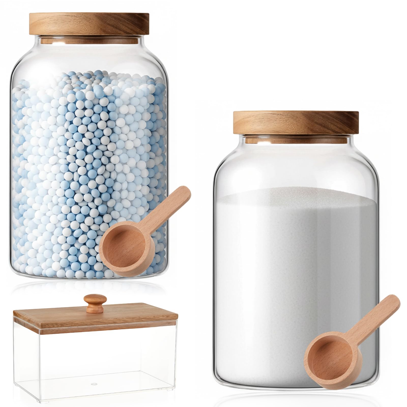 Photo 1 of e esscopro 2 Pcs Half Gallon Glass Laundry Storage Containers Jars Set 1 Pcs Acrylic Dryer Sheet Holder Laundry Pods Container with Acacia Lid 2 Spoon for Detergent Powder Scent Beads Bath Bombs Salt