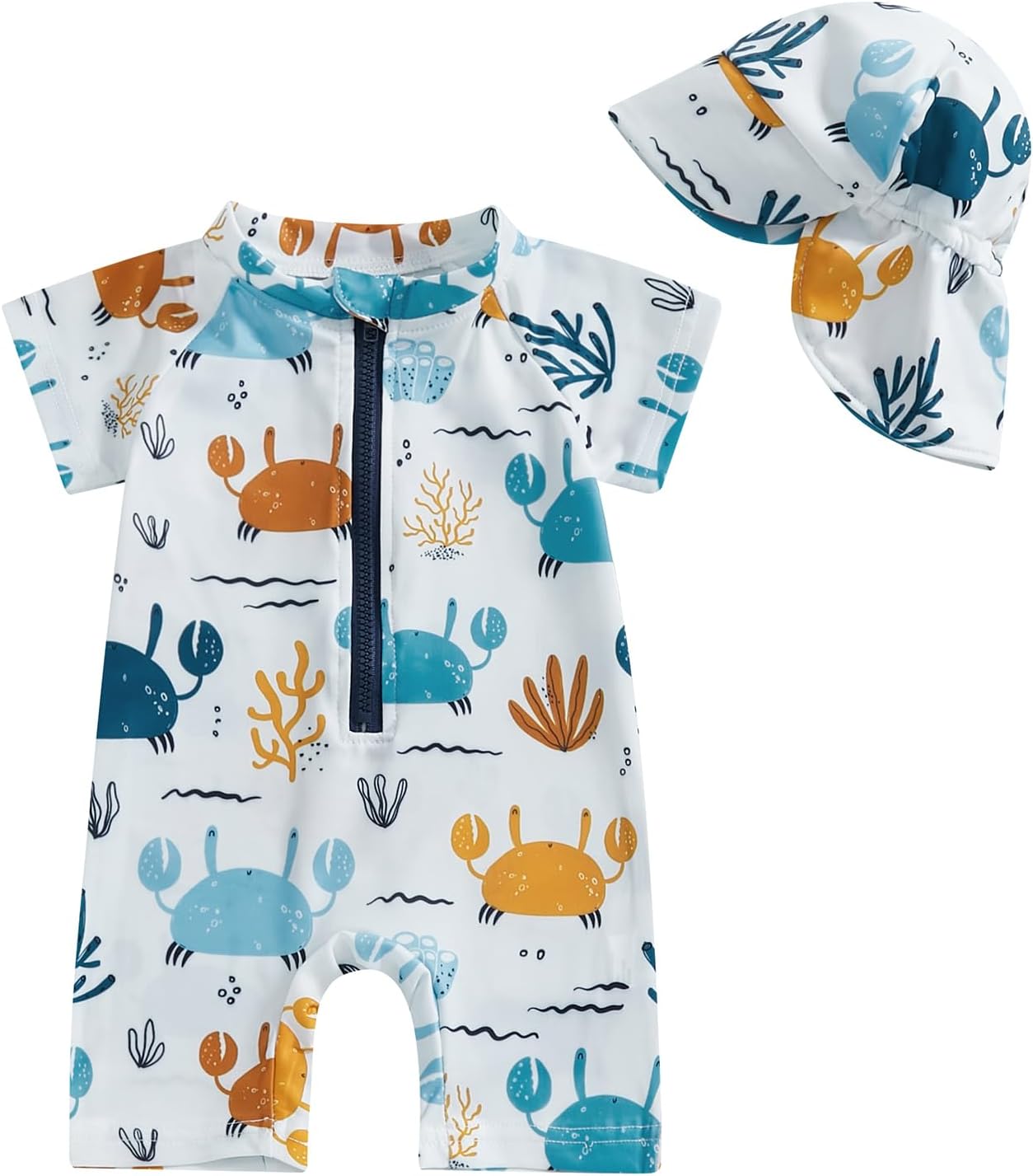 Toddler Boys Rash Guard Swimsuit Sea World Animal Print Zipper Short Sleeve Bathing Suit with Swim Cap for Kids