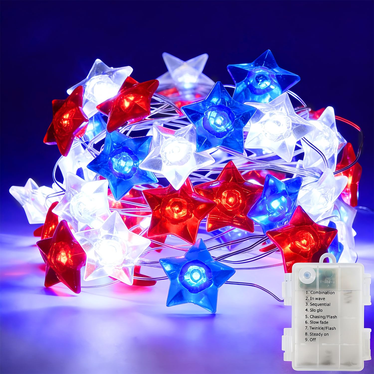 Photo 1 of WATERGLIDE 1 Pack 4th of July String Lights, 16FT 50LED Red White and Blue Patriotic Star Lights, Battery Operated with 8 Modes & Timer, Waterproof Indoor Outdoor for Memorial Day Independence Day