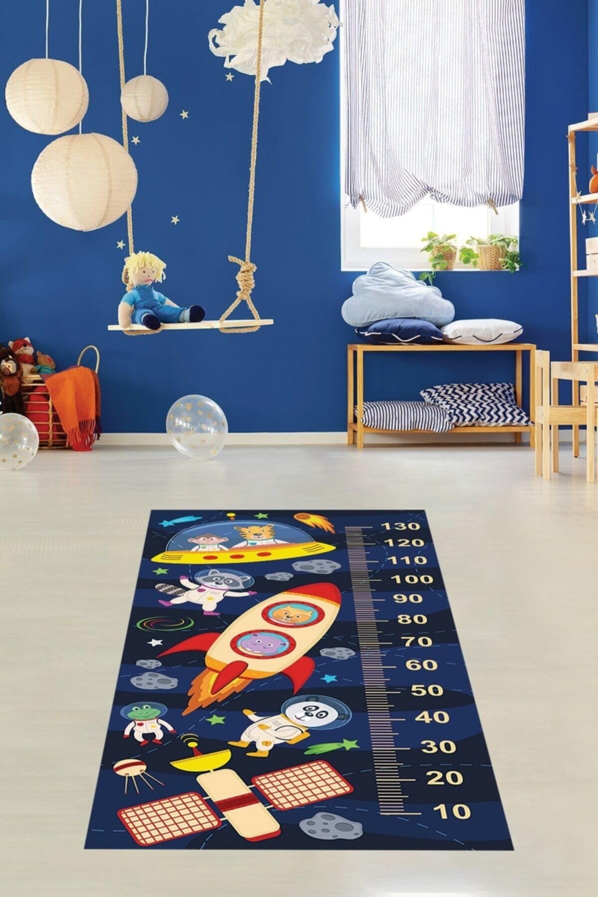 Pelangi Boy Ölçme Cetvelli Halı Dijital Baskı Yıkanabilir Kaymaz Taban Çocuk Odası Halısı, Lacivert 120 x 180