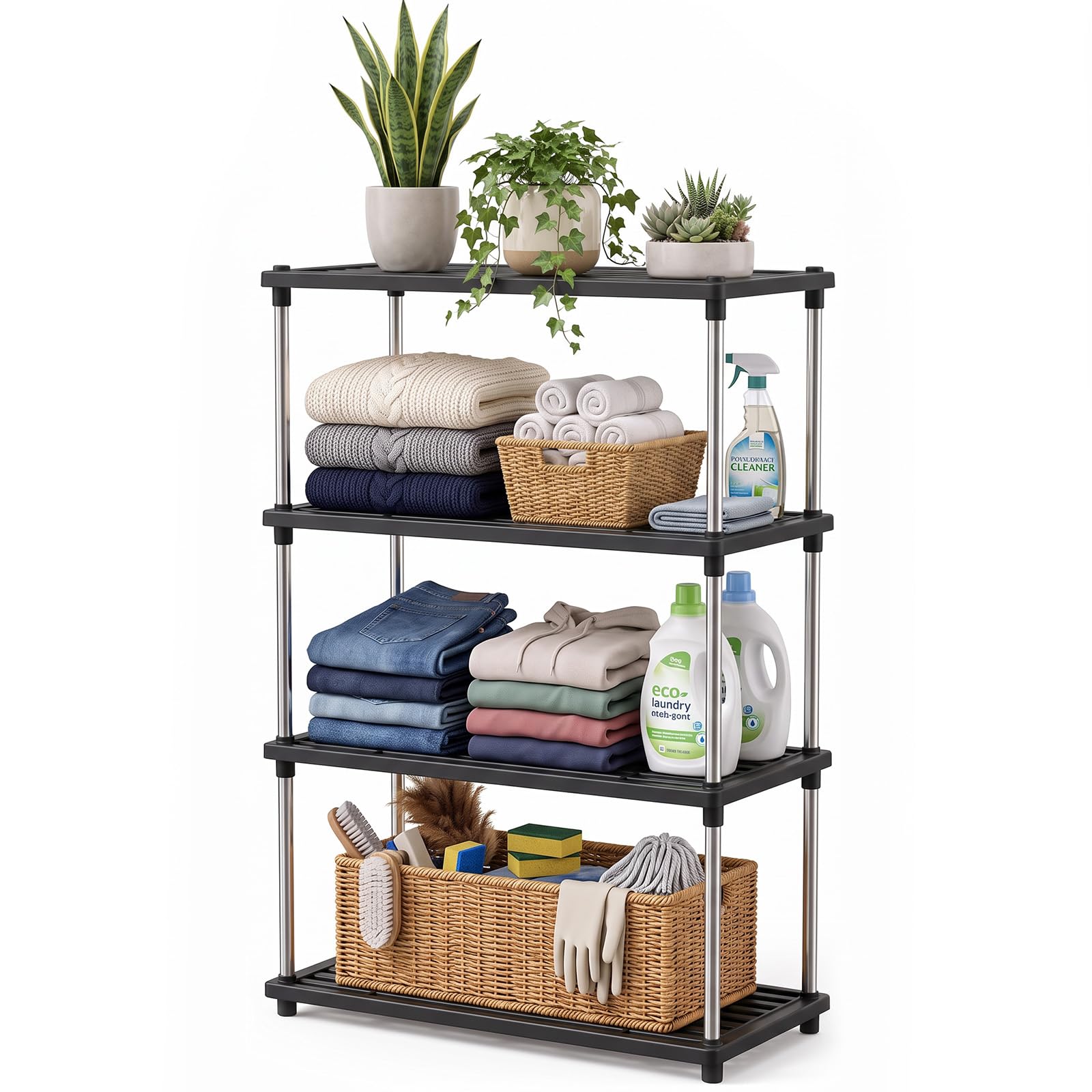 4-Tier Black Standing Plastic Shelving Unit - Thickened Black Shelving Unit