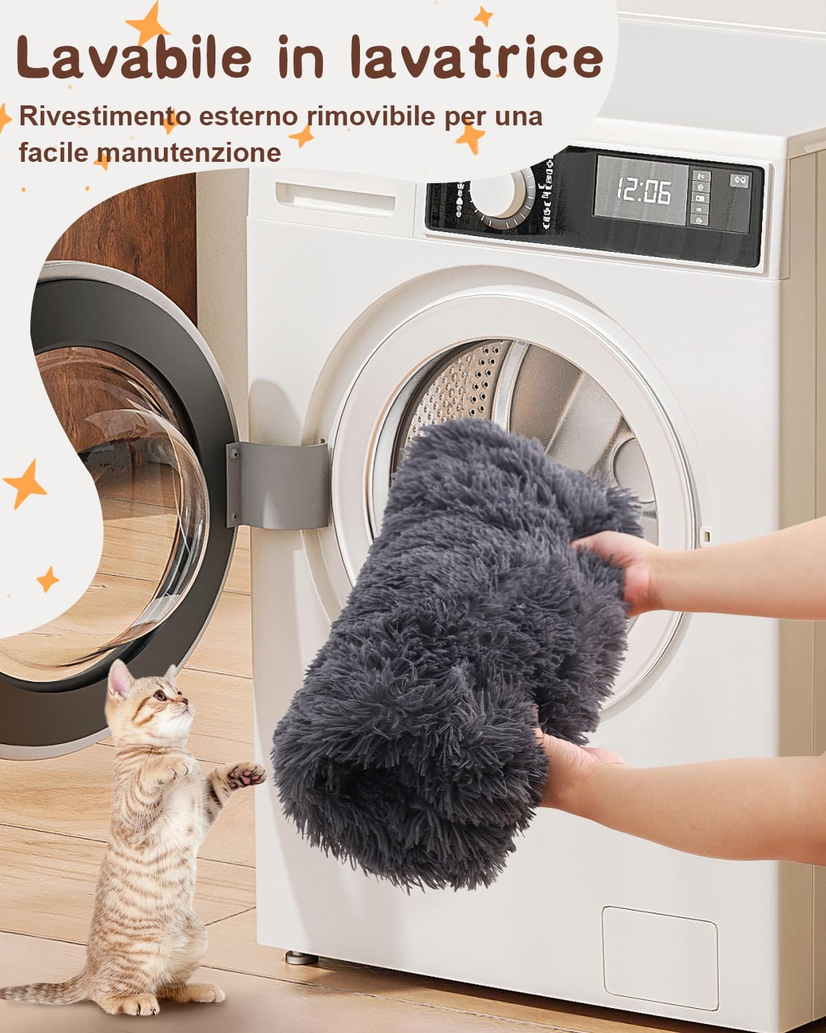 KSIIA Cuccia Gatto Cane Rimovibile, Cuccia Cane Interno Lavabile, Rotonda, Ø 90 cm, Morbida Cuscino per Cani in Peluche Lungo, Lettino per Cani Taglia Media, Grigio Scuro