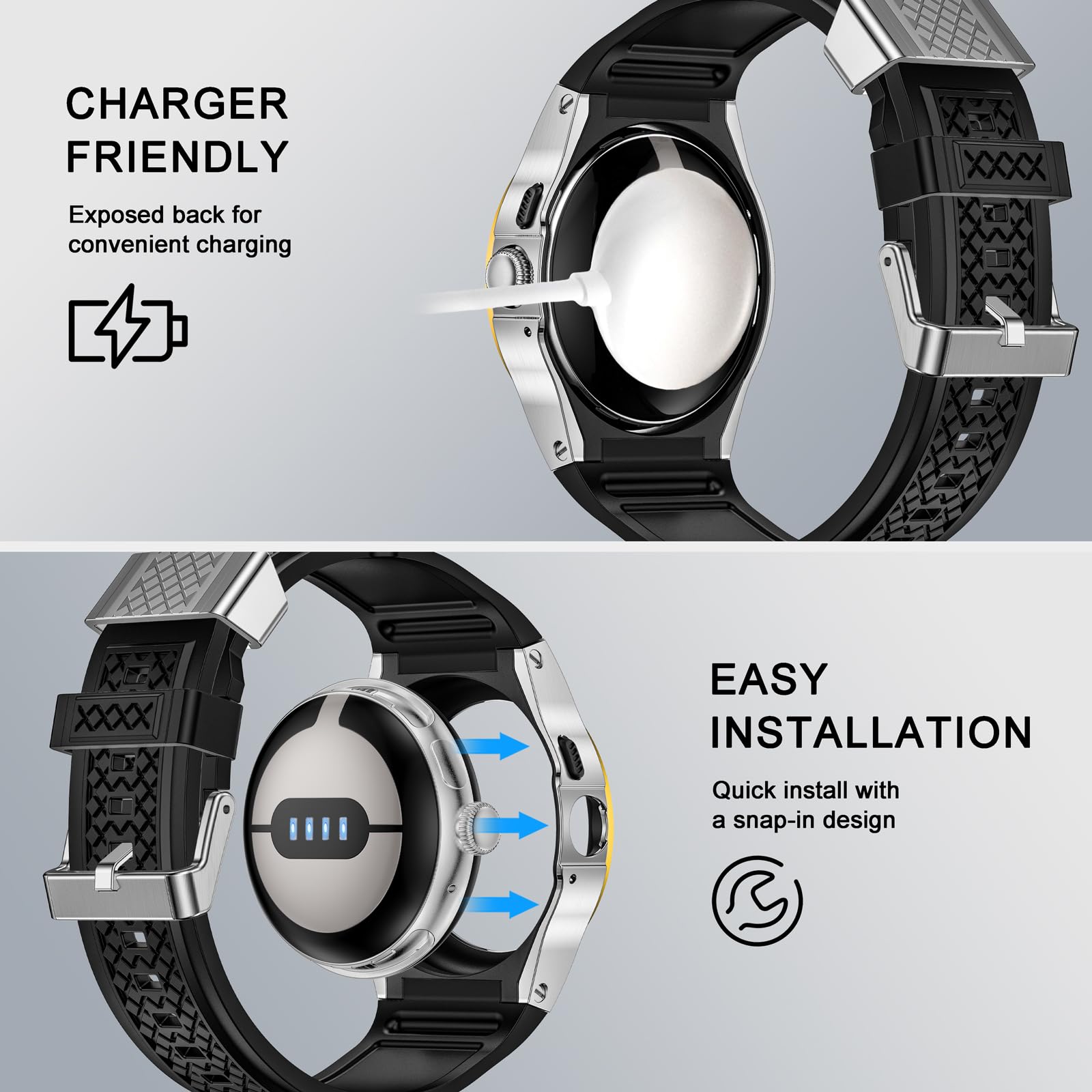 MioHHR Bracelet en silicone souple pour Google Pixel Watch 3/2/1 de 41 mm, bracelet de rechange souple avec coque de protection en acier inoxydable pour Google Pixel Watch, homme et femme, argent et