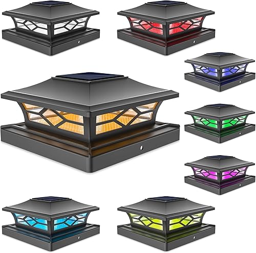 VOLISUN Luz solar para poste impermeable al aire libre cambio de color RGB - Luces solares intermitentes de tapa de valla 8 unidades negras para