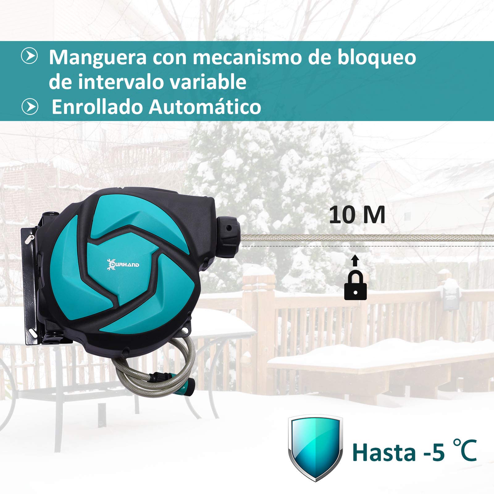 DURHAND Enrollador de Manguera para Jardín 10+1 m con Boquilla de 7 Funciones, Carrete de Manguera de Jardín de Pared, Giratorio 180°, con Retorno Enrollado Automático, Negro y Verde