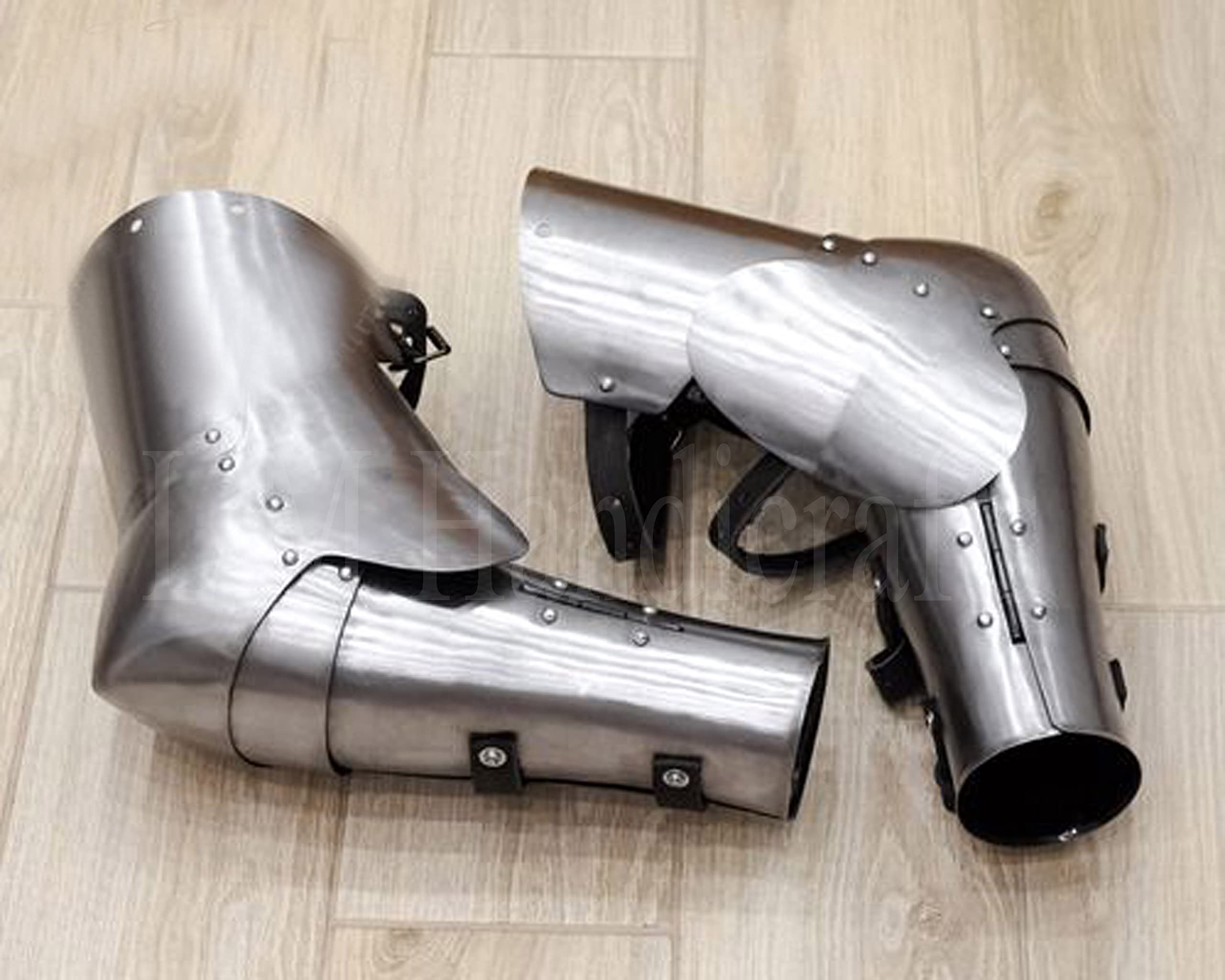 Lmhandicrafts L M Medieval 14th Century Buhurt Knight Plate Arms With Anatomical Vambraces And Curved Wings Silver Steel Spartan Roman Troy Sugarloaf Burgonet