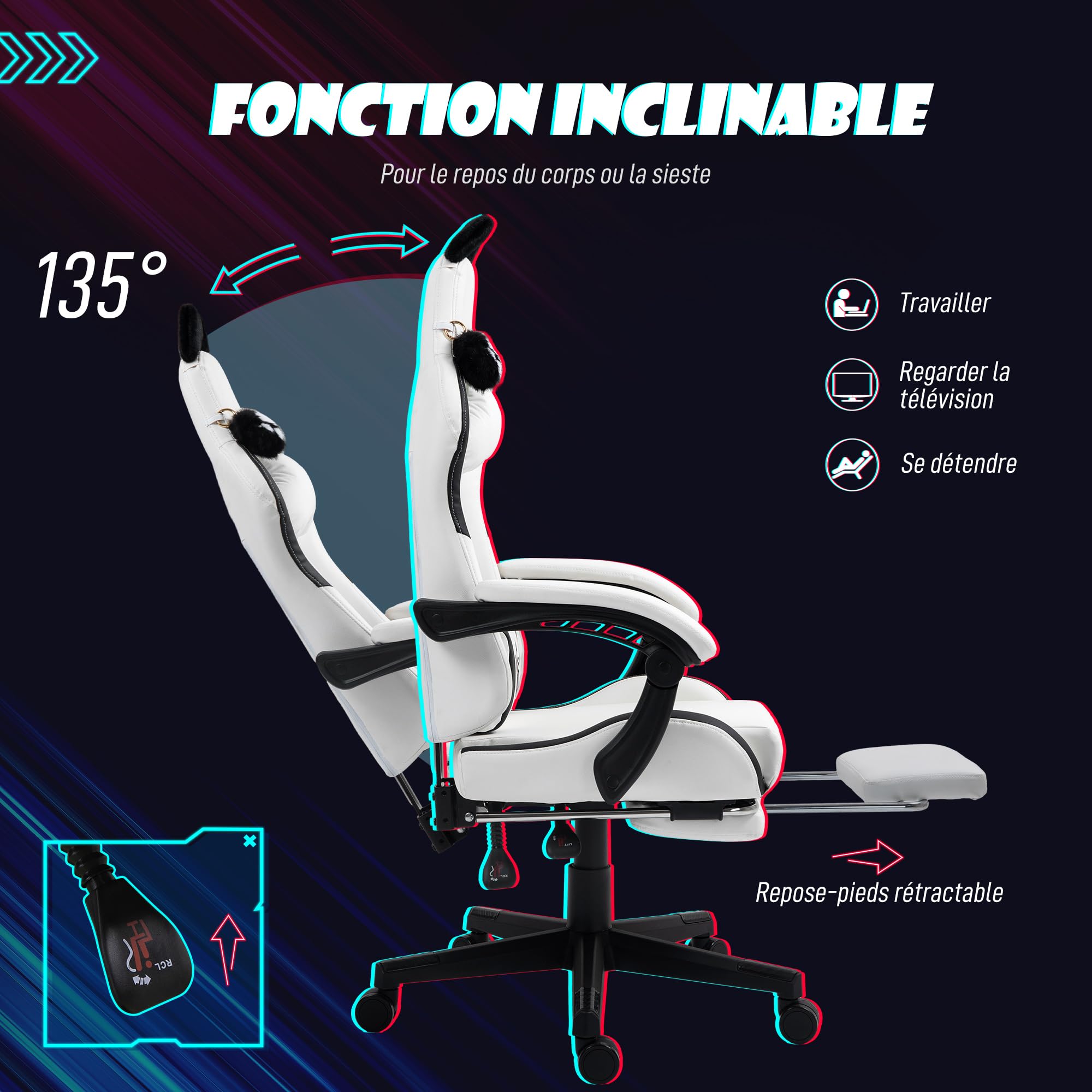HOMCOM Chaise Gaming Ergonomique avec Oreilles de Chat Fauteuil Gamer Blanc