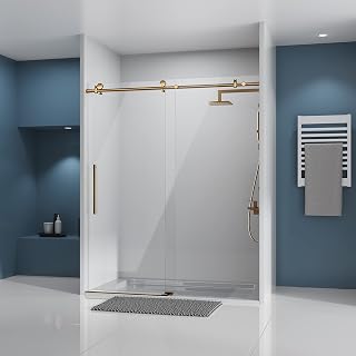 DELAVIN Gold Frameless Sliding Shower Door 56-60x75 Inch, 8mm Tempered Glass, Leak-Proof, Explosion-Proof, Easy Clean Stainless Steel