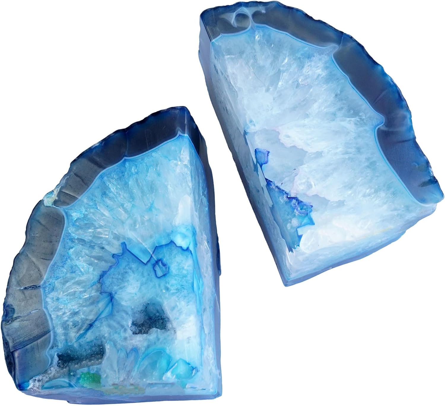 Natural Blue Dyed Agate Geode Bookends - 3 to 4 lb Heavy Duty Rock Crystal Stone Book Ends for Shelves, with Rubber Bumpers, Decorative Book Holders for Home Office