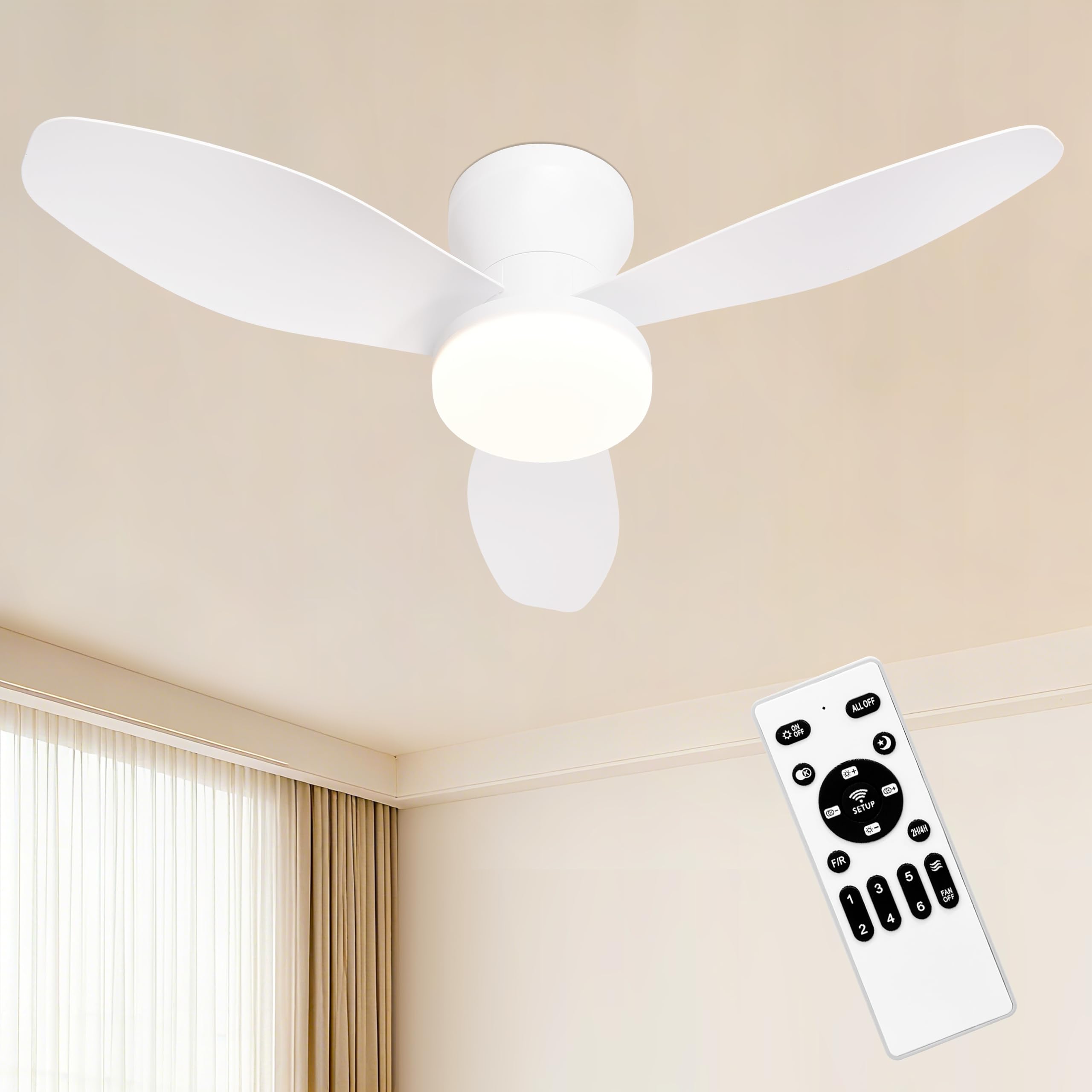 Ventilador de techo pequeño con luz LED regulable y mando para dormitorio 8