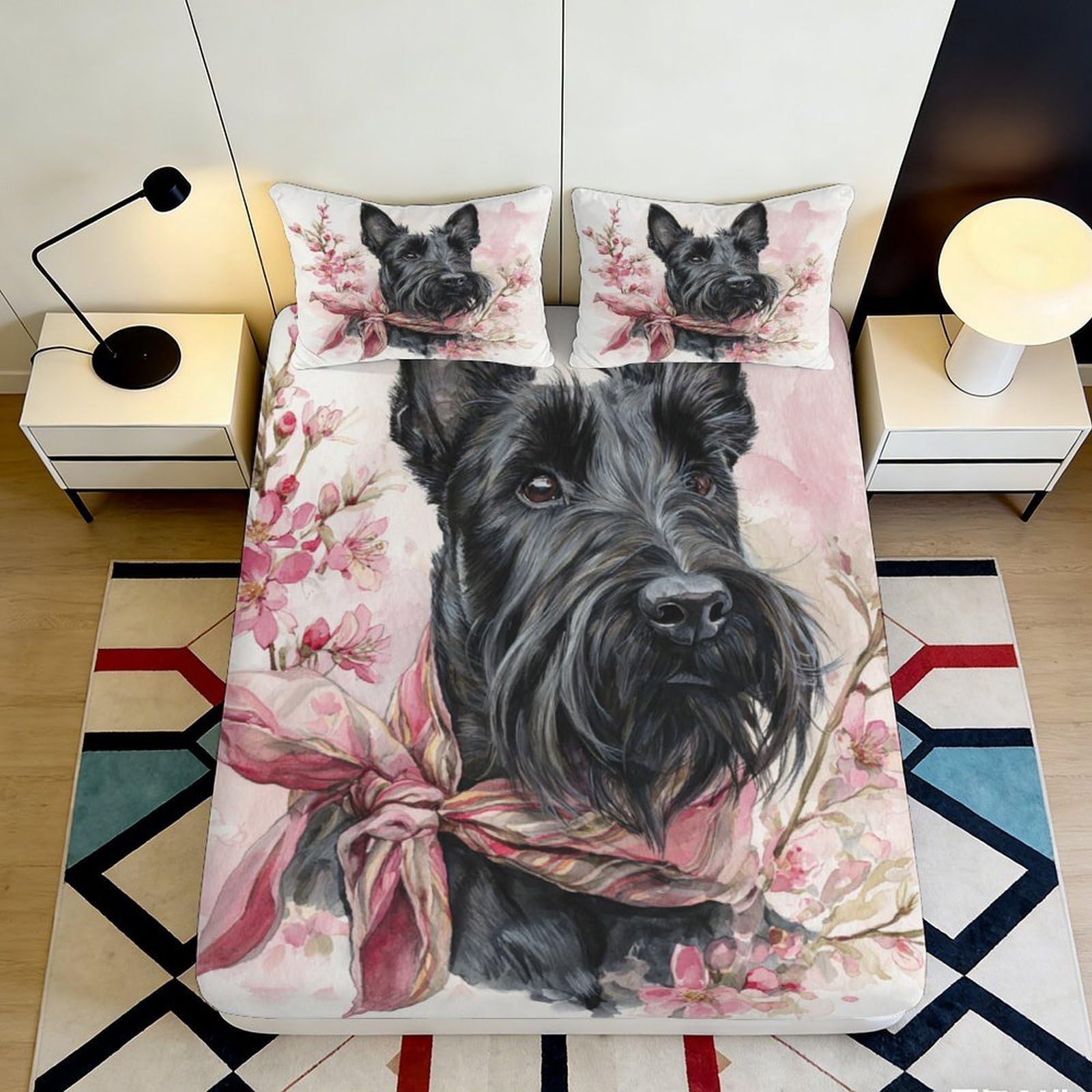 3D Printed Black Scottish Terrier Fitted Sheet Microfiber Soft Breathable Floral Dog Mattress Cover for Bedroom Dormitory Guest Room Protection Decor 200x200x25cm