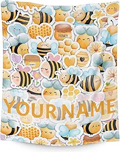 Personalized Bee Blanket Gifts, 60"x80" Cute Throw for Women Girls, Soft Cozy Warm Flannel Blanket for Sofa Bed