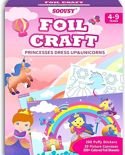 SOOVSY Kit de arte divertido de papel de aluminio de princesas y unicornios para niños, arte de aluminio para niños, manualidades, actividad