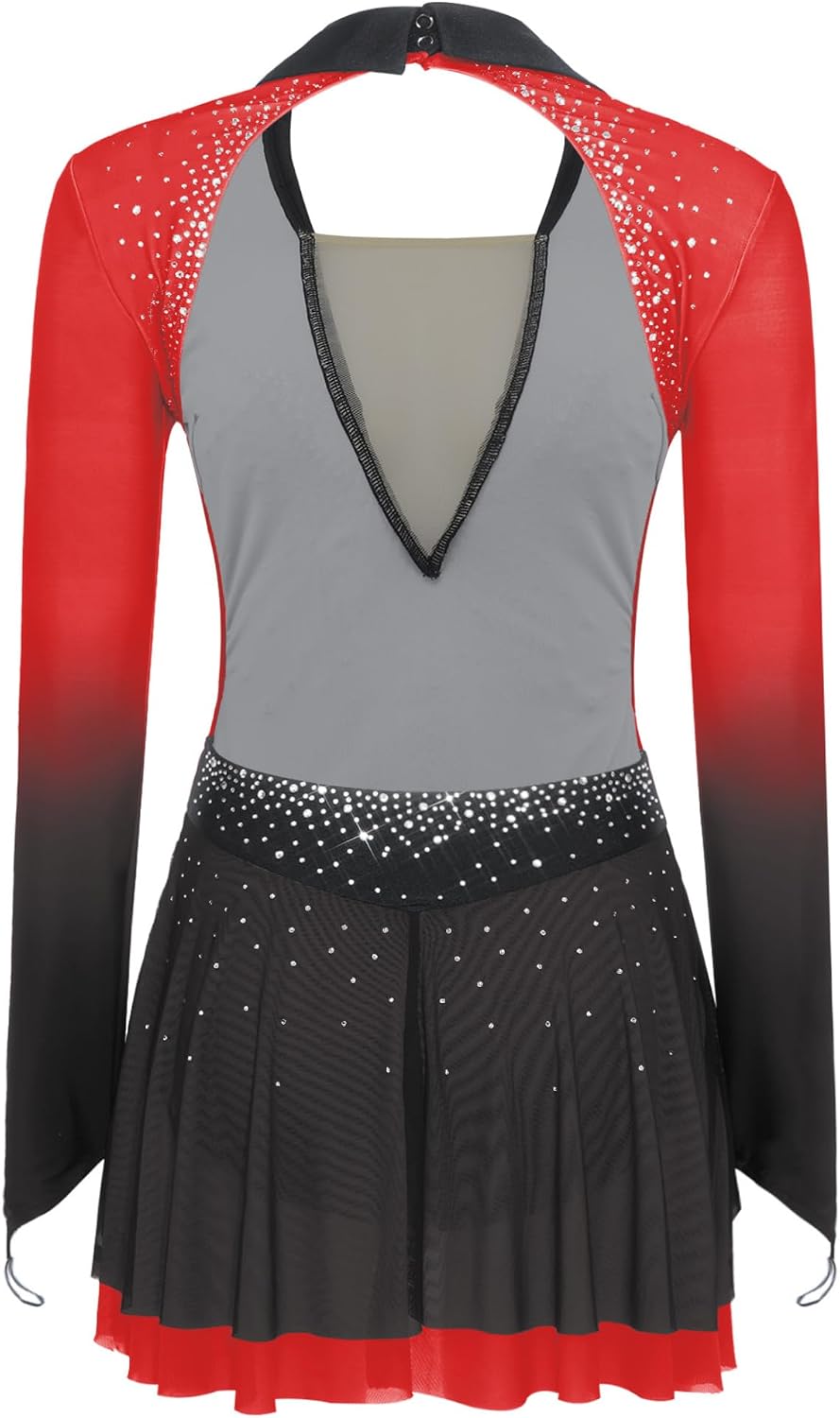 Women's Gradient Figure Skating Dress Long Sleeves Lapel V Neck Gymnastics Leotard Ballet Dance Costume