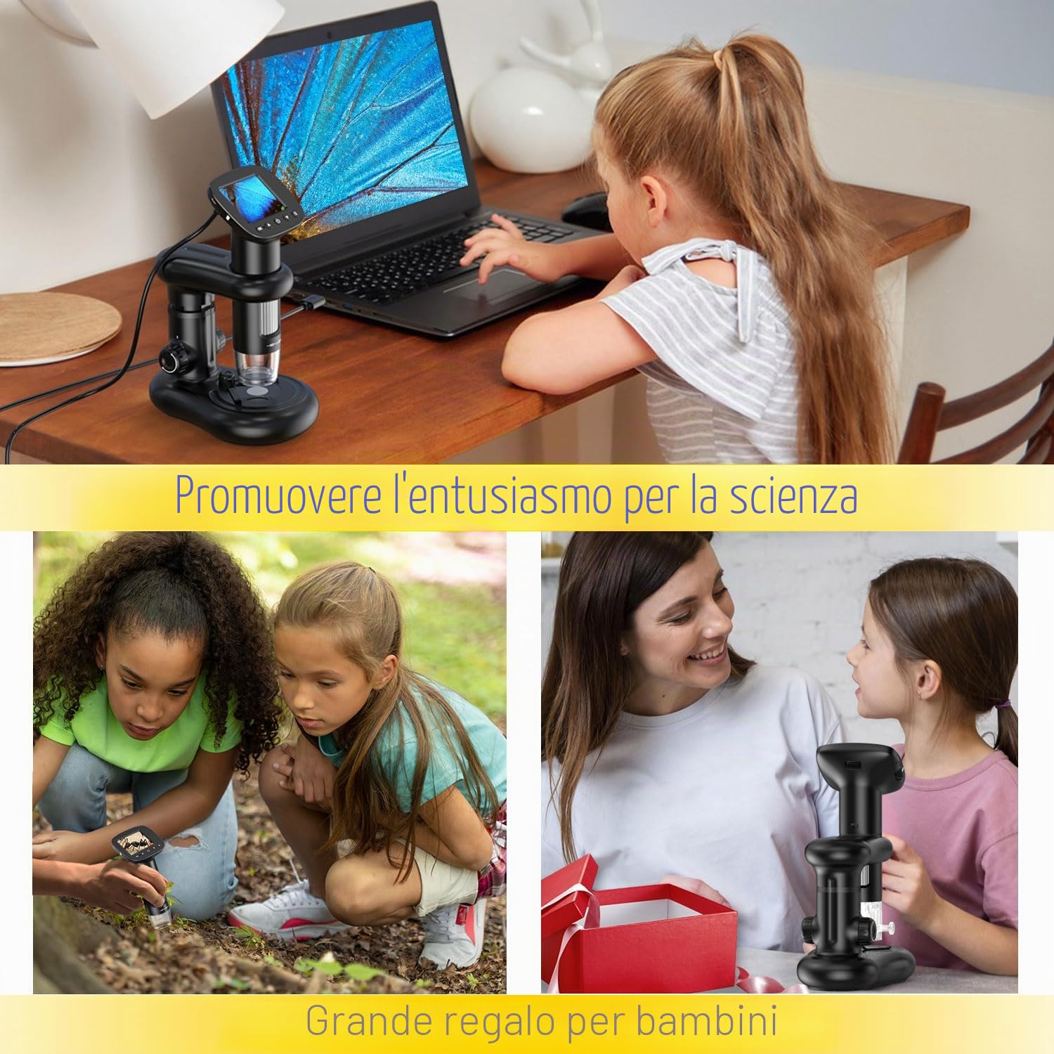 Microscopes IMICHI Microscopio per bambini con schermo LCD 1000X grande ingrandimento immagine chiara, scomparto unico per insetti per bambini, microscopio digitale portatile..