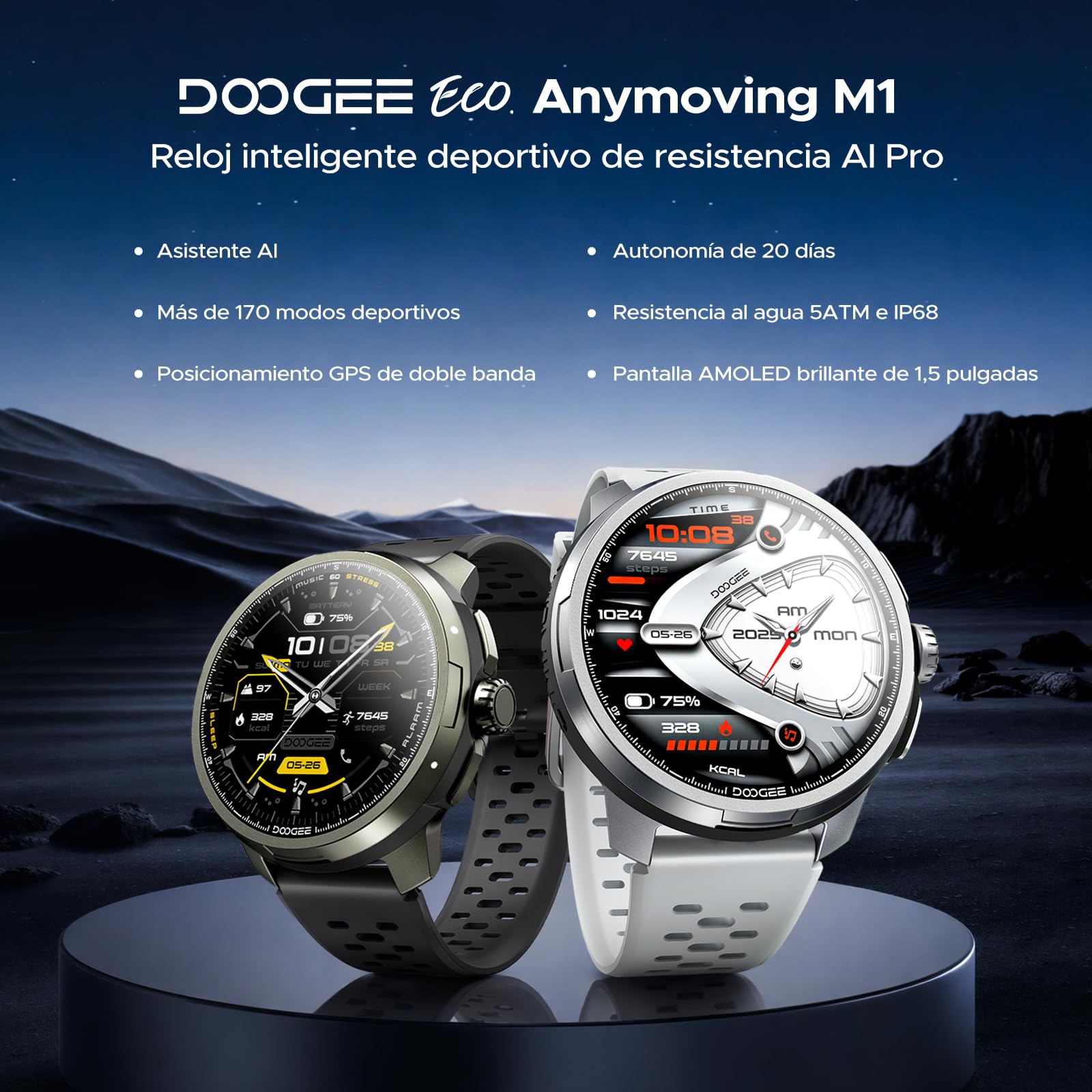 DOOGEEco Anymoving M1 Reloj Inteligente Hombre y Mujer, Smartwatch con IA, GPS de Doble Banda (5ATM y IP68), Gran Pantalla AMOLED de 1,5'', Autonomía 20 Días, 170+ Modos, Con 3 Correas de Regalo