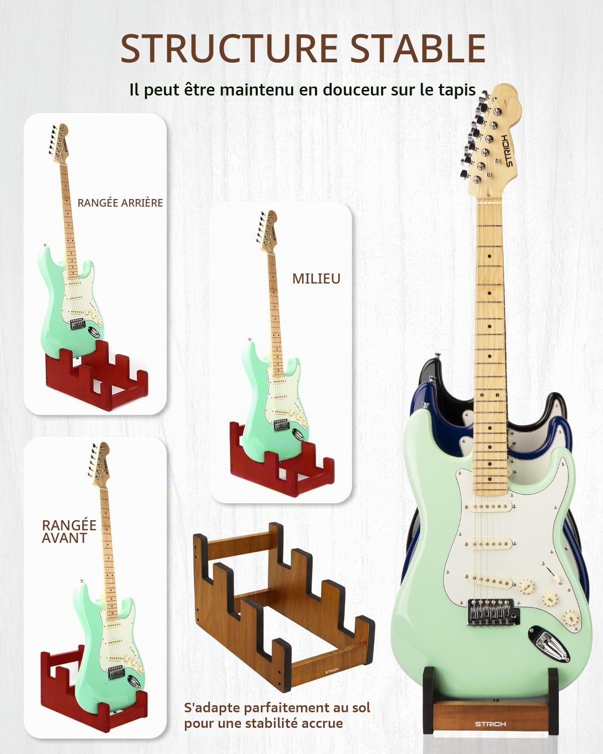 STRICH Support De Guitare En Bois Pour Plusieurs Guitares, Couleur Acajou, L-3EM (Pour 3 Guitares Électriques/Basses)