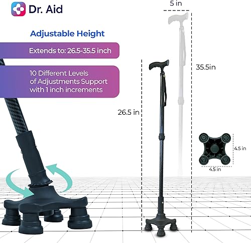 Miniatura 3 de Dr. Aid Tripod and fourpod Walking Cane for Men & Women Premium Carbon Fiber Black Cane Foldable & Adjustable Heavy-Duty 3-pronged Walking Stick for