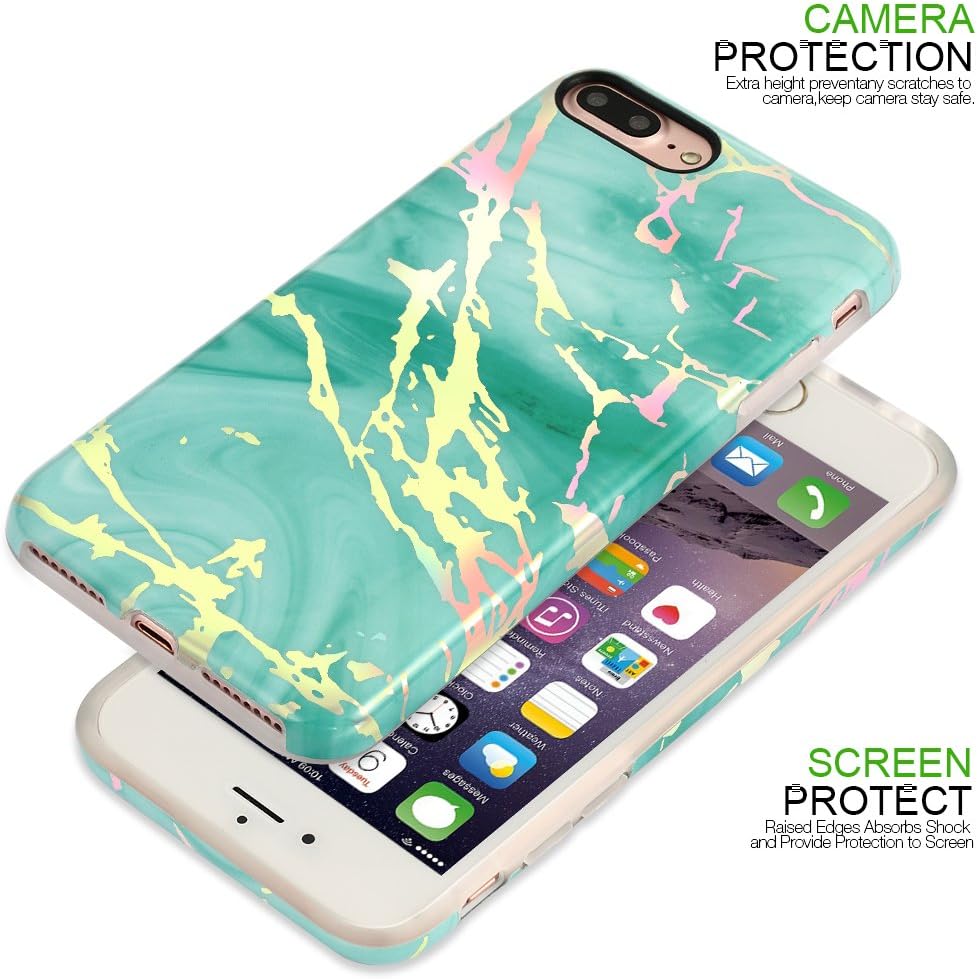 iPhone 7 Plus Case,Nasousa for Gilrs,Glossy Laser Green Marble Design Clear Bumper TPU Soft Rubber Silicone Cover Phone Case for iPhone 8 Plus