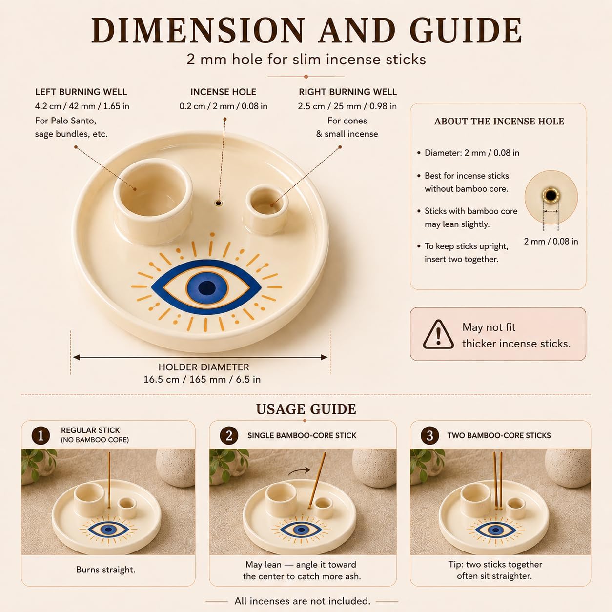 Incense & Palo Santo Holder – 6.5'' Ceramic Sage Burner for Sticks, Bundles, Cones, Candle & Tealight with Ash Catcher – Jewelry Tray, Smudge Pot, Home Décor, Meditation Gift (Blue Eye)