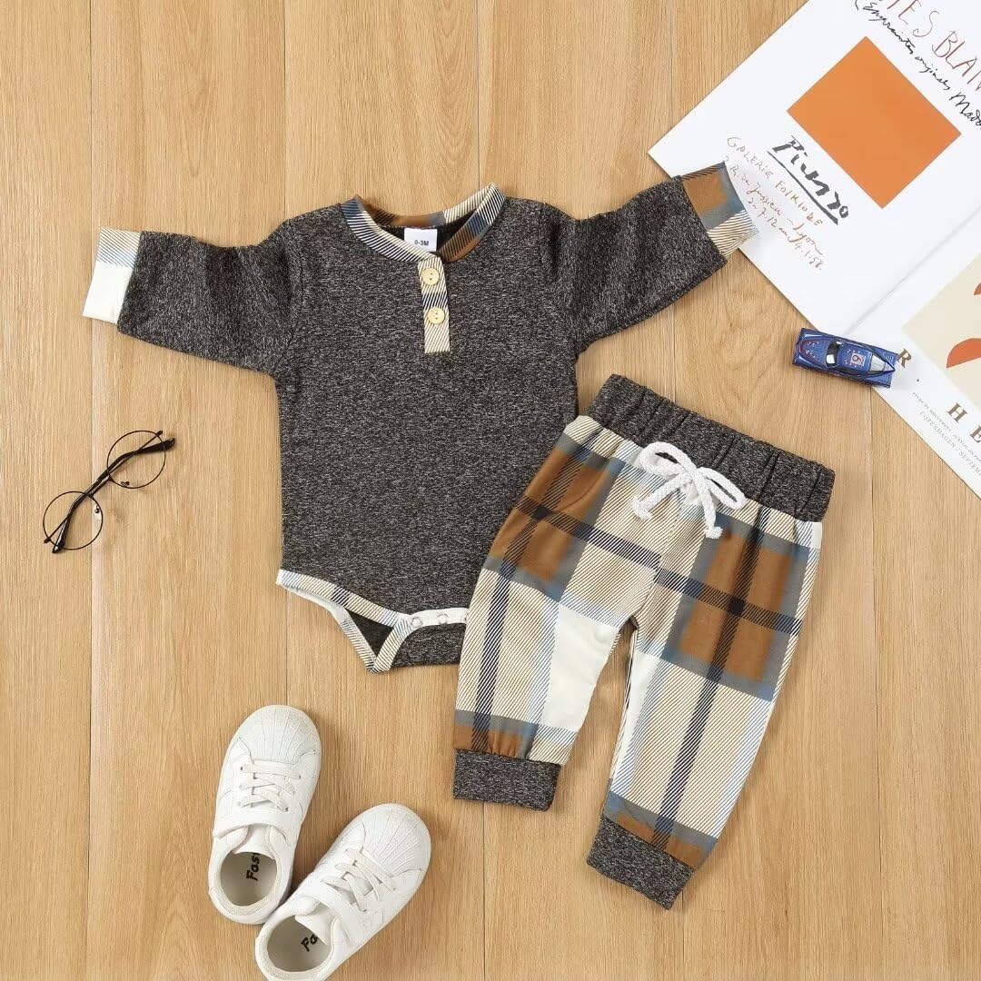 Baby Boy Clothes Infant Toddler Boys Fall Winter Outfit Long Sleeve Plaid Romper + Pants Set 2Pcs - Image 2