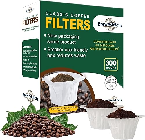 Brew Addicts 300 filtros de papel de un solo uso para cafeteras Keurig y compatibles con cápsulas K-Cup 1.0 y 2.0, diseño clásico blanco