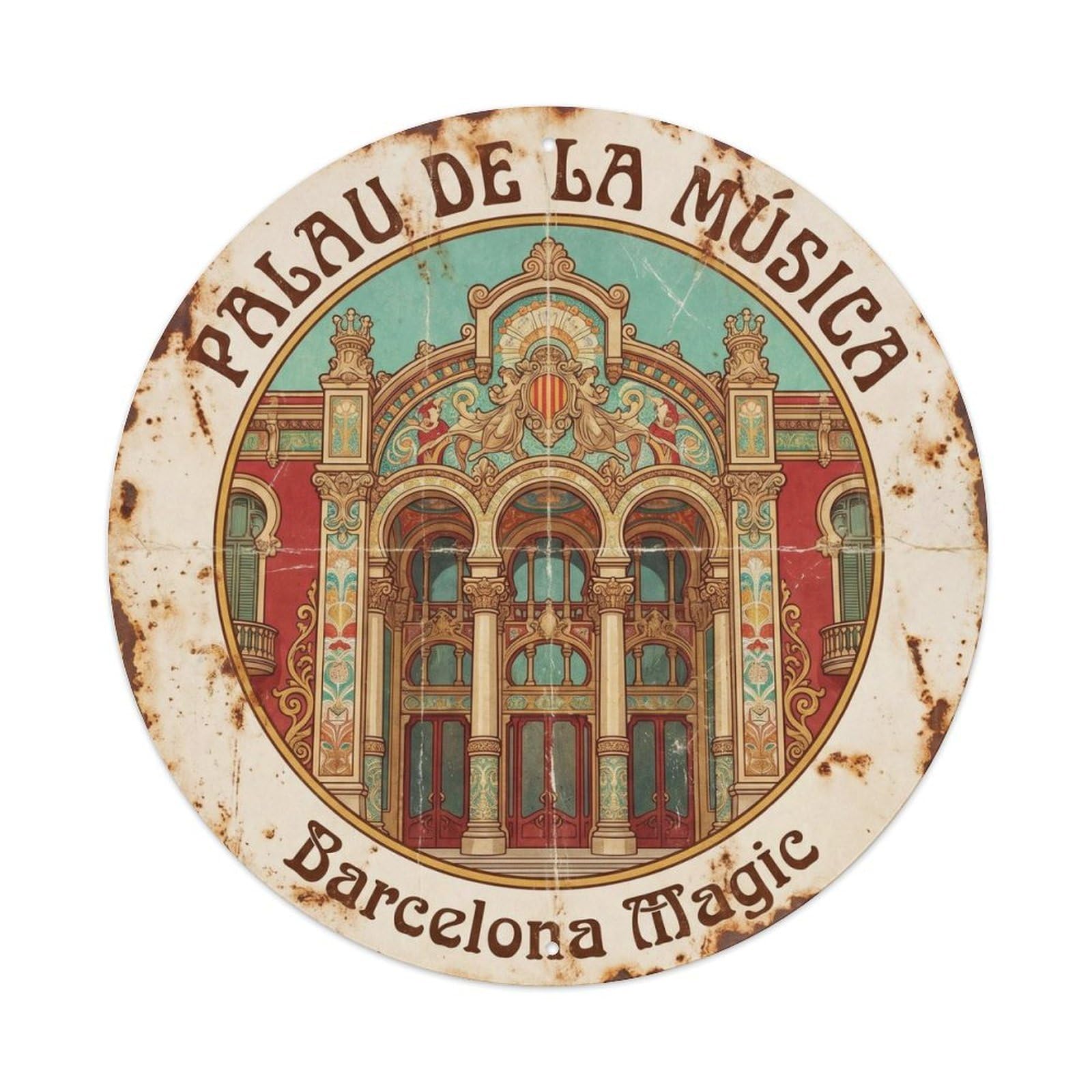 Barcelona Music Palace Vintage Catalan Landmark Heritage Metal Tin Sign Plaque Wall Decor for Cafe, Man Cave, Club Bar, Office, Home Garden Round Metal Poster 8x8Inch