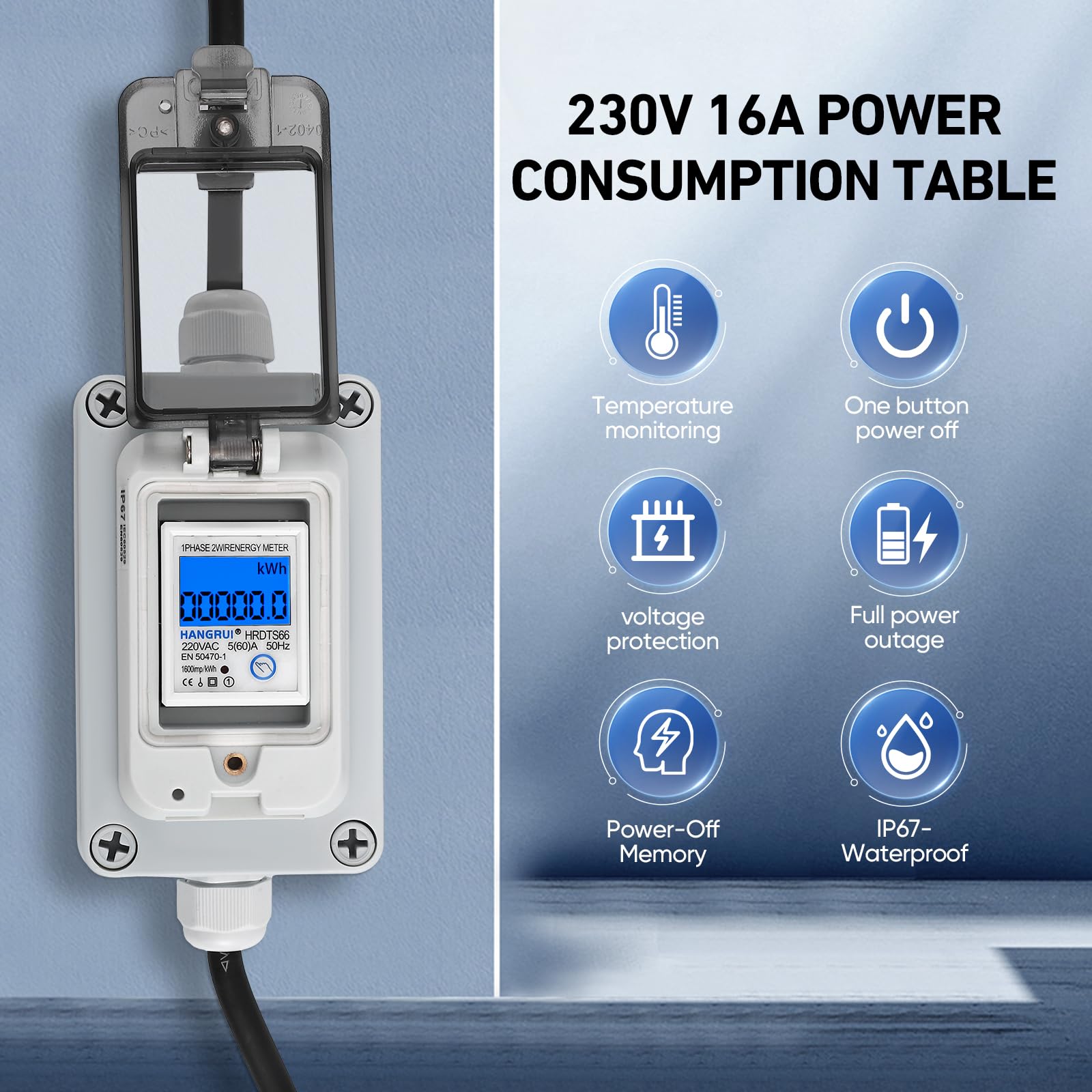 Mobiler Digitaler Stromzähler Für Steckdose Outdoor, 60A 220V Outdoor KWH Steckdose Stromzähler Mit IP67 Wasserdicht, Tragbar Stromzähler Mit 3m Gummischlauchkabel Für Wohnmobile Elektrofahrzeuge