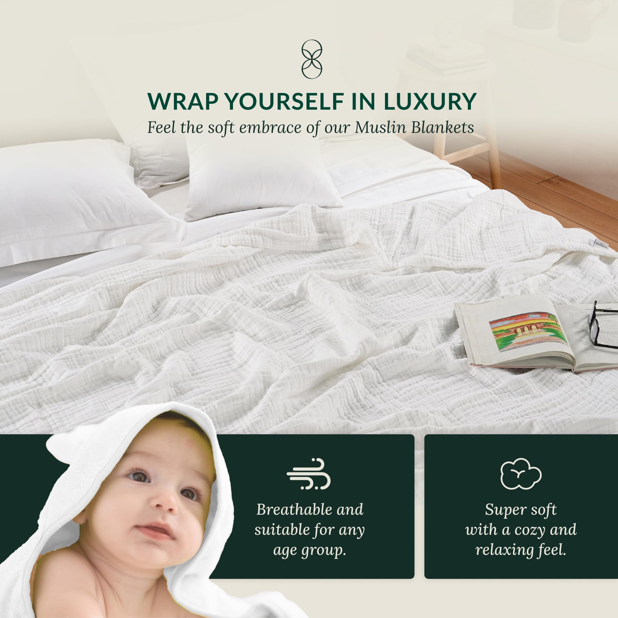 Soft 4 Layer Muslin Cotton Blanket King Size,100% Cotton Blanket, Lightweight and Breathable for All Season, Best for Spring, 92x108, White