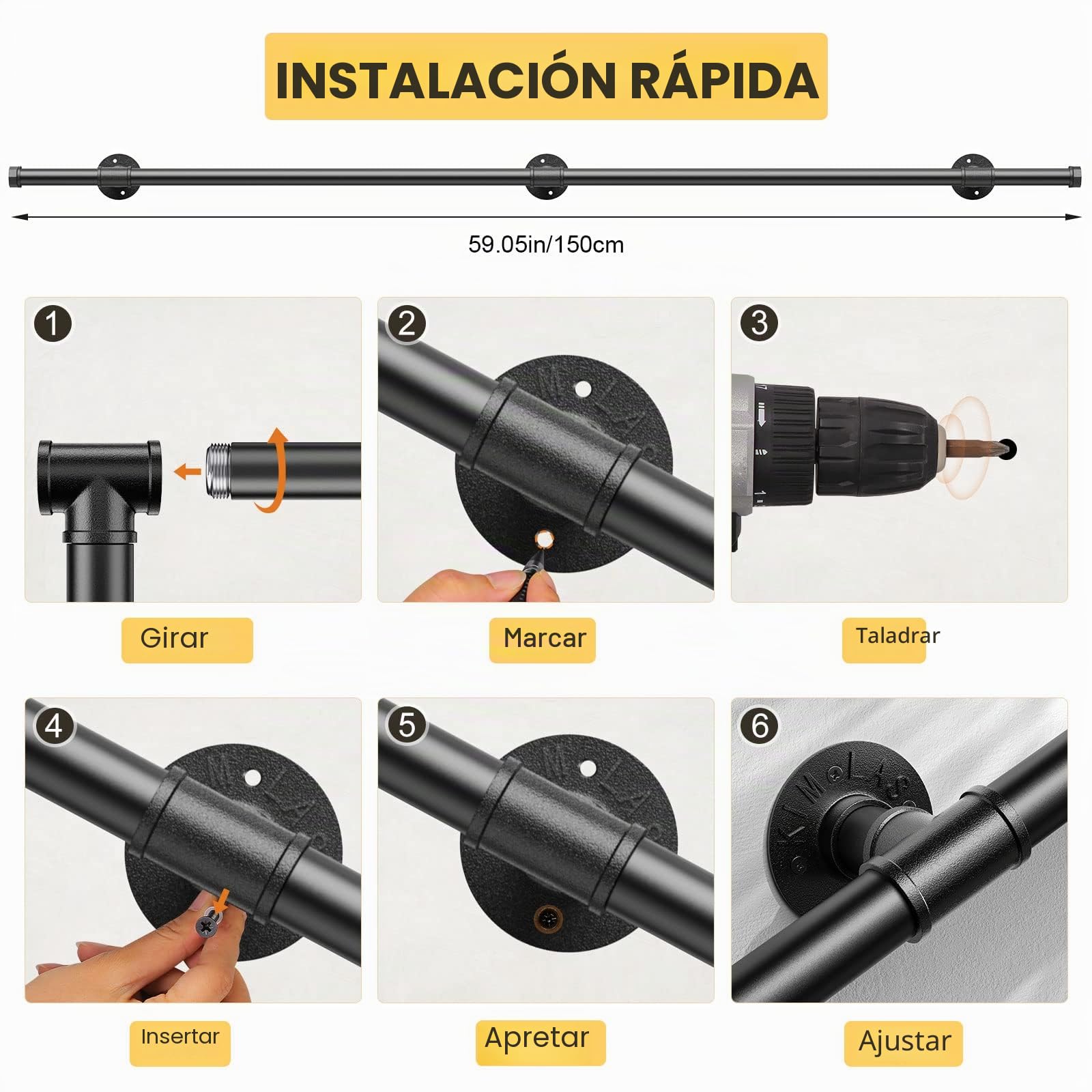 Pasamanos Escalera, Aomdom Pasamanos para Escaleras Interior Exterior Barandilla Escalera Negro con tubo de acero Galvanizado Industrial Antideslizante para Cocina Baño Jardín, 2M