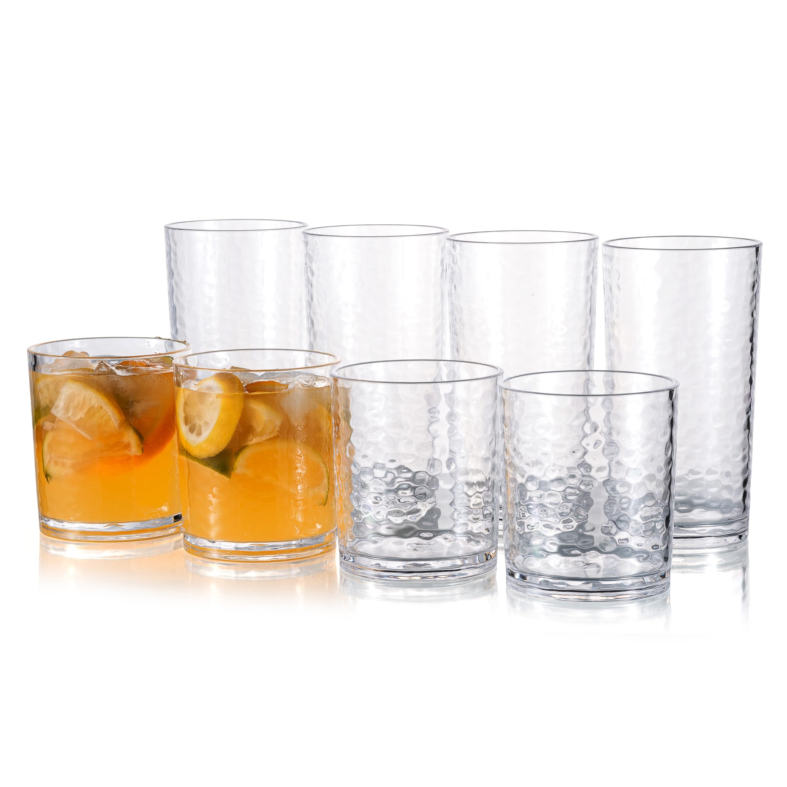 KX-WARE 14-ounce and 20-ounce Acrylic Glasses Plastic Tumbler, set of 8 Clear - Hammered Style, Dishwasher Safe, BPA Free