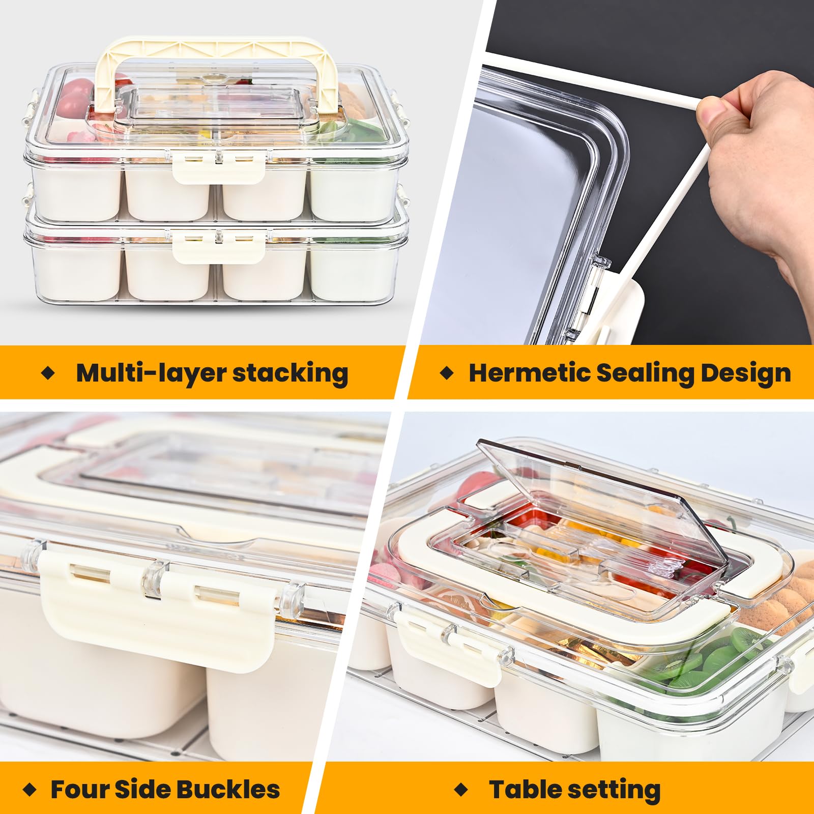 Linn'sCollection Recipiente para aperitivos con almacenamiento de cubiertos, bandeja de frutas, bandeja dividida con tapa y asa, contenedor portátil para aperitivos, contenedor de aperitivos de 8