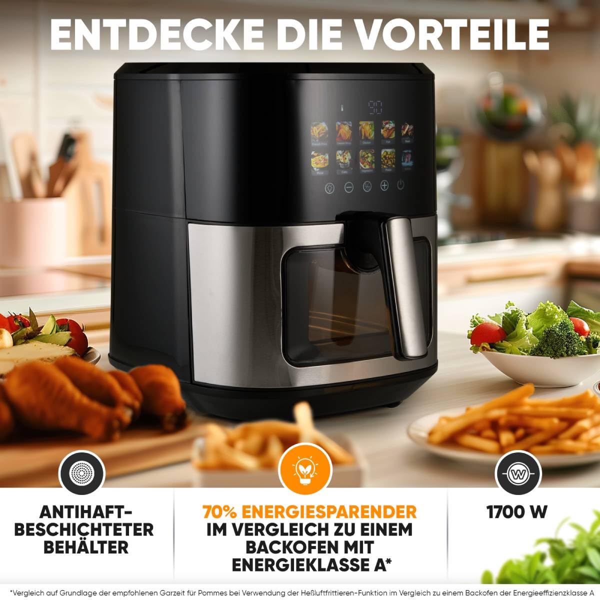 ProfiCook® Heißluftfritteuse 6,5L | Zubereitung ohne Öl oder Fett | Airfryer mit Color-Display | Heissluftfritteuse 9 Programme | 50-200°C | Air Fryer 1700W | Heißluftfritteuse XXL | PC FR 1286 H