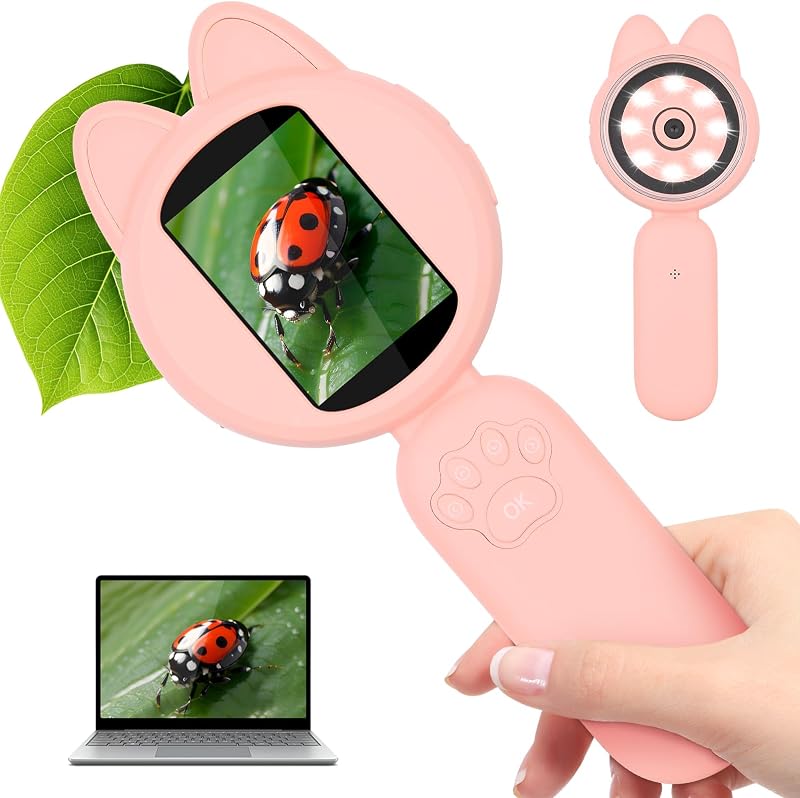 Mafiti Microscope for Kids Mini Pocket Handheld Kids Microscope Educational Science Kit Toys Xmas/Birthday Gifts for Aged 3-12 Girls Boys,Pink