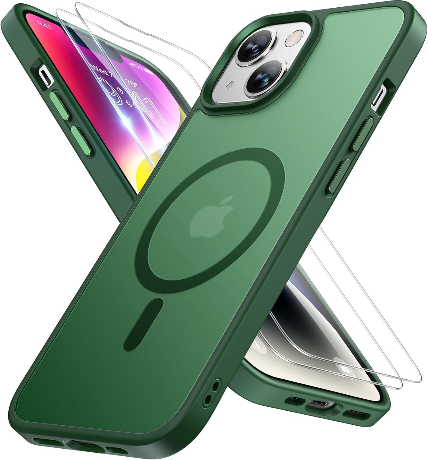 Miracase Magnetic for iPhone 14 Case 6.1 inch (Compatible with MagSafe)?with 2X Screen Protectors? Military-Grade Protection, Anti-Fingerprint Translucent Matte Phone Case Cover, Dark Green iPhone 14 Dark Green