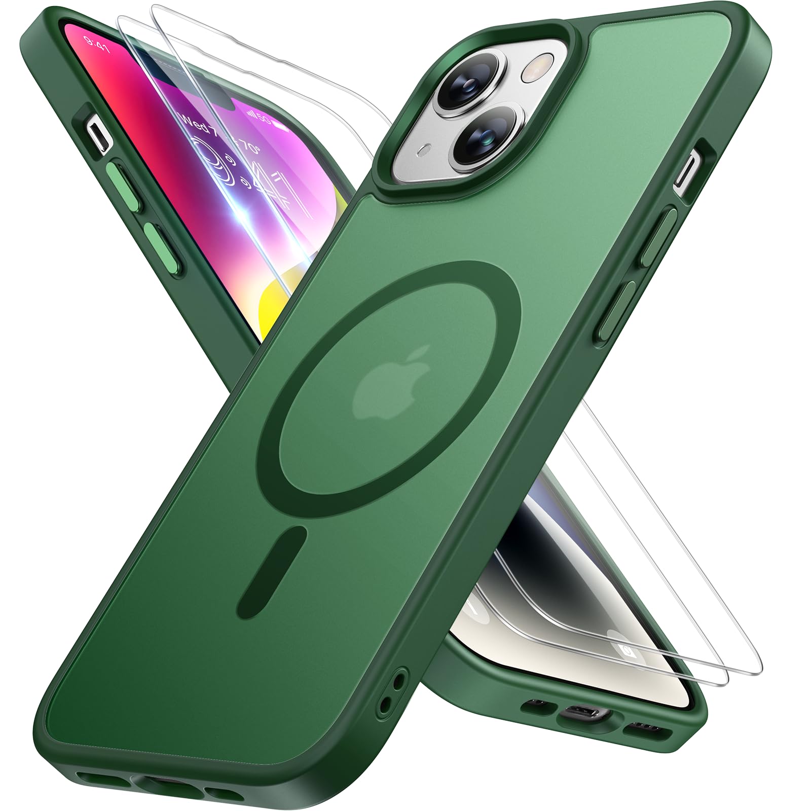Miracase Magnetic for iPhone 14 Plus Case 6.7 inch (Compatible with MagSafe)（with 2X Screen Protectors） Military-Grade Protection, Anti-Fingerprint Translucent Matte Phone Case Cover, Dark Green