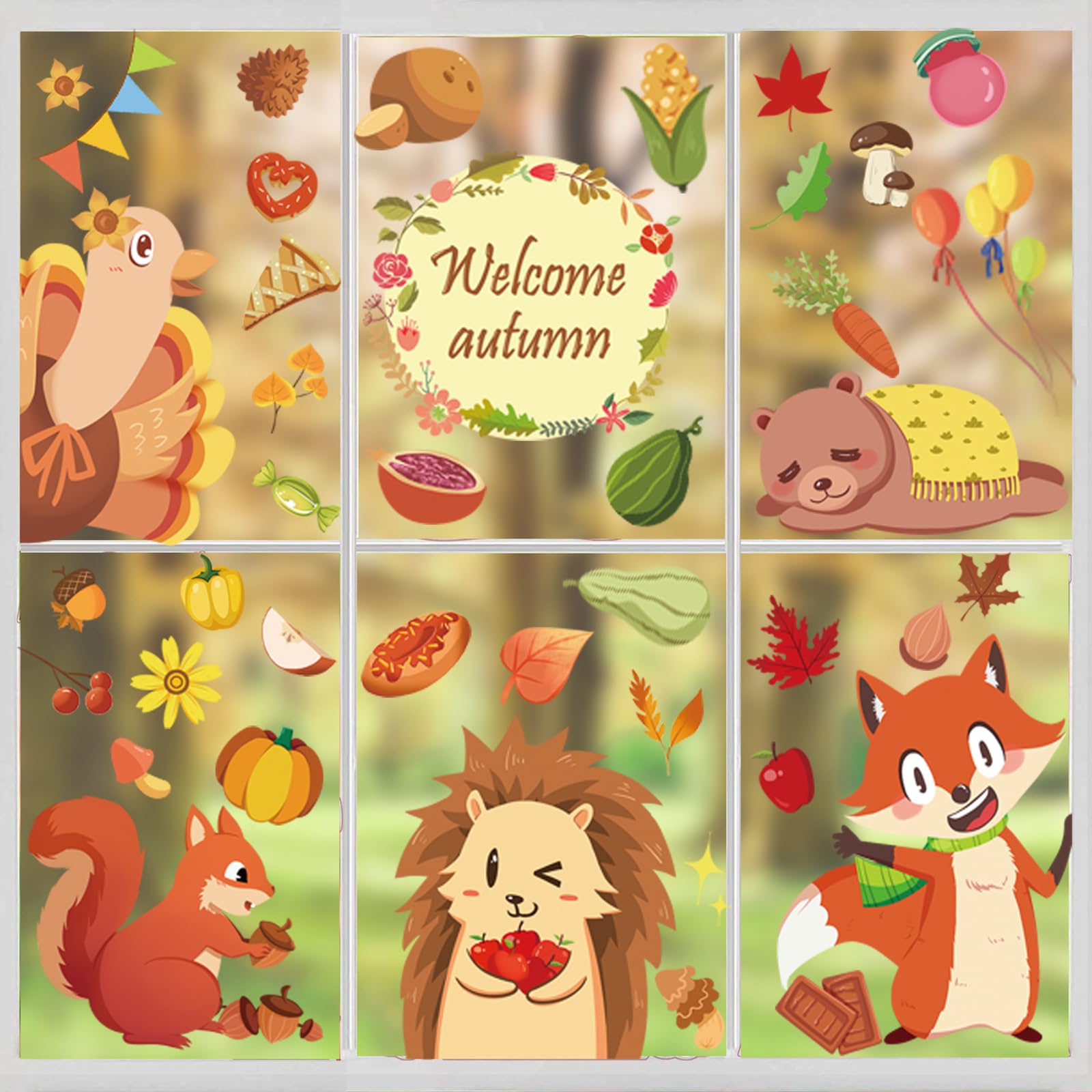 Herbst Fensterbilder Selbstklebend - 9 Blätter Mit Ahornblättern & Tieren