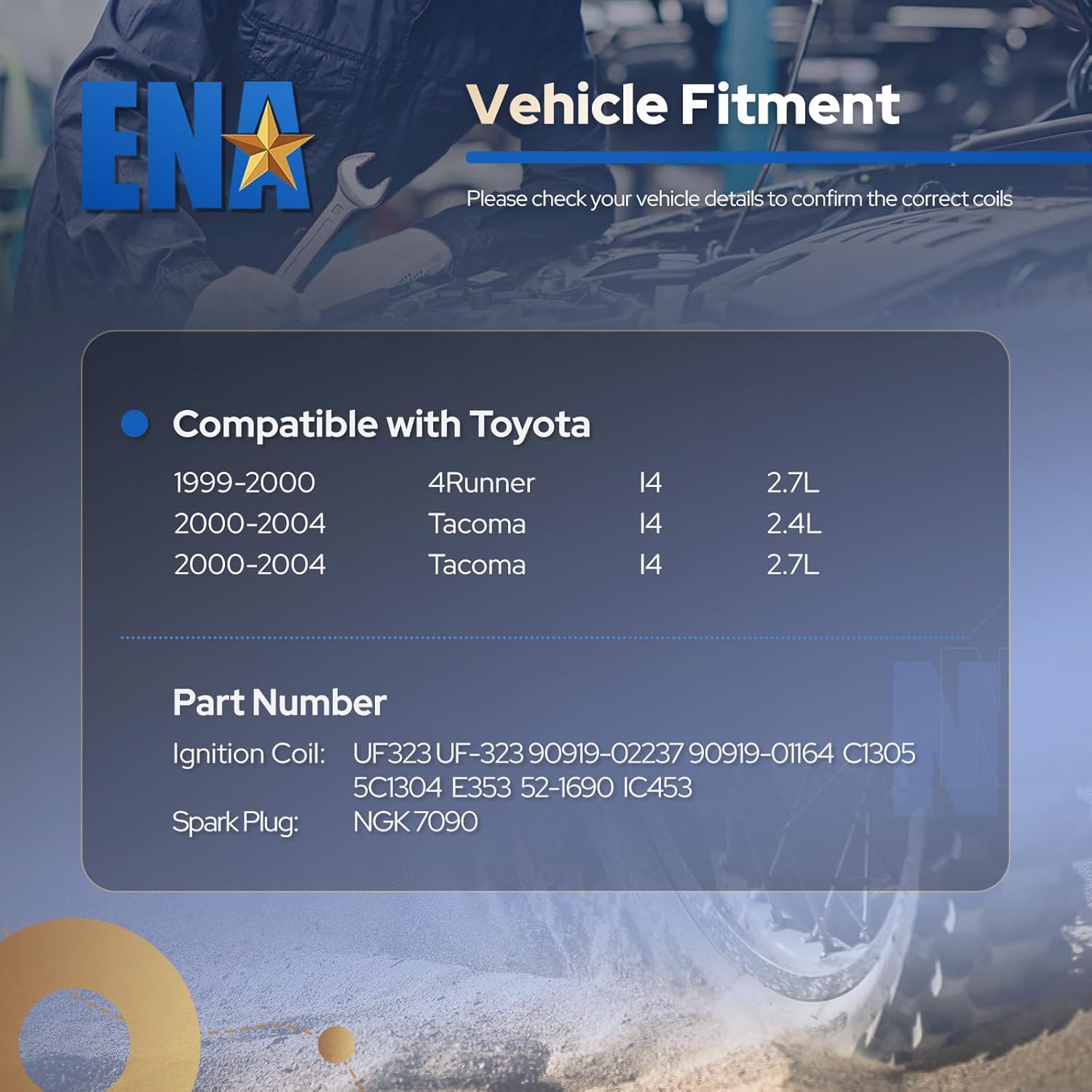 ENA Set of 4 Ignition Coils & Platinum Spark Plugs Pack Compatible with Toyota 2000 2001 2002 2003 2004 Tacoma 2.4L 2.7L L4, 1999 2000 4Runner 2.7L for UF323 C1305 90919-0223 9091902237 7090 5464 4503