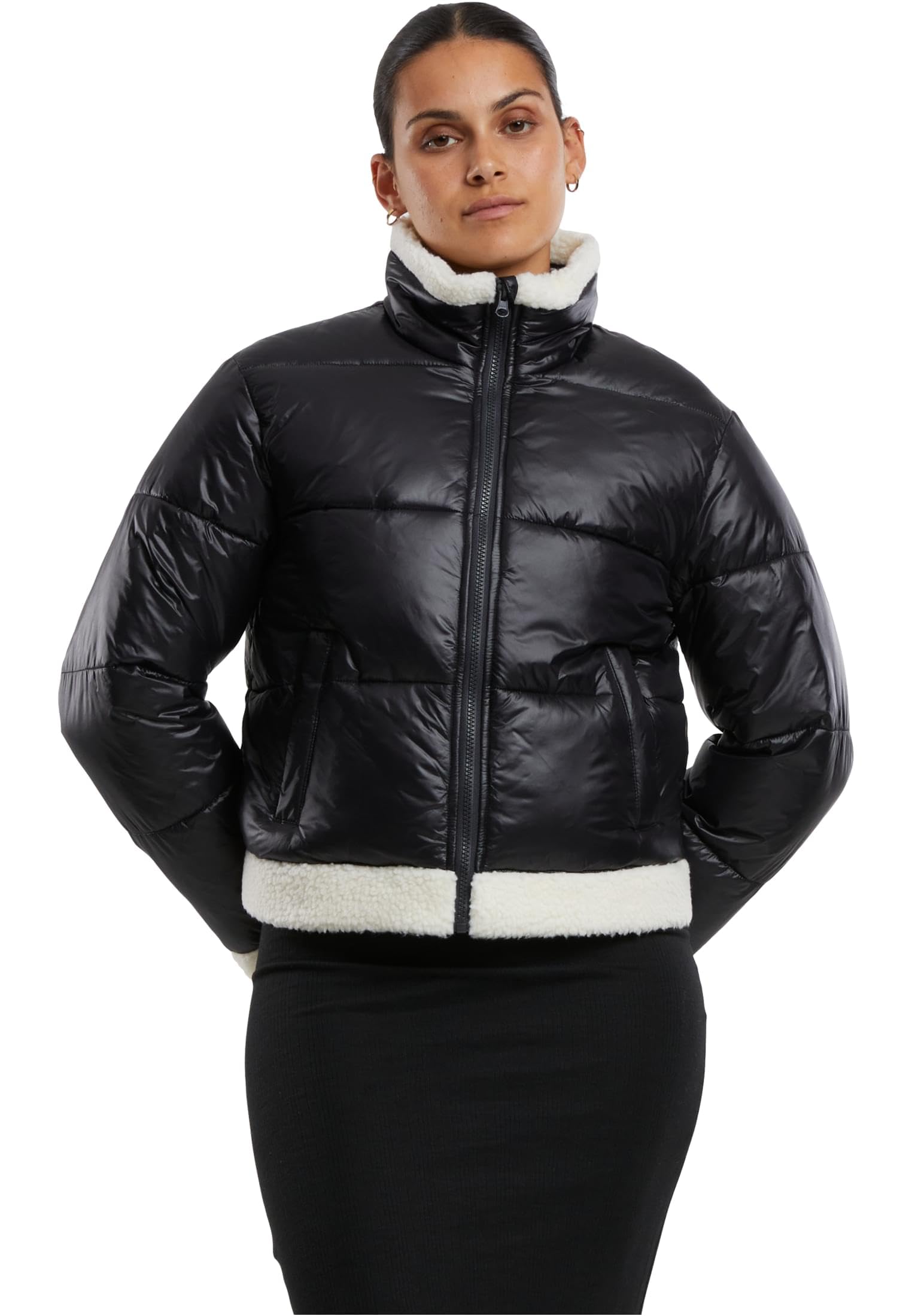 Urban Classics Tb7074-ladies Recycled Shiny Puffer Sherpa Jacket Vestes légères, Noir/Sable Blanc, 3XL Femmes
