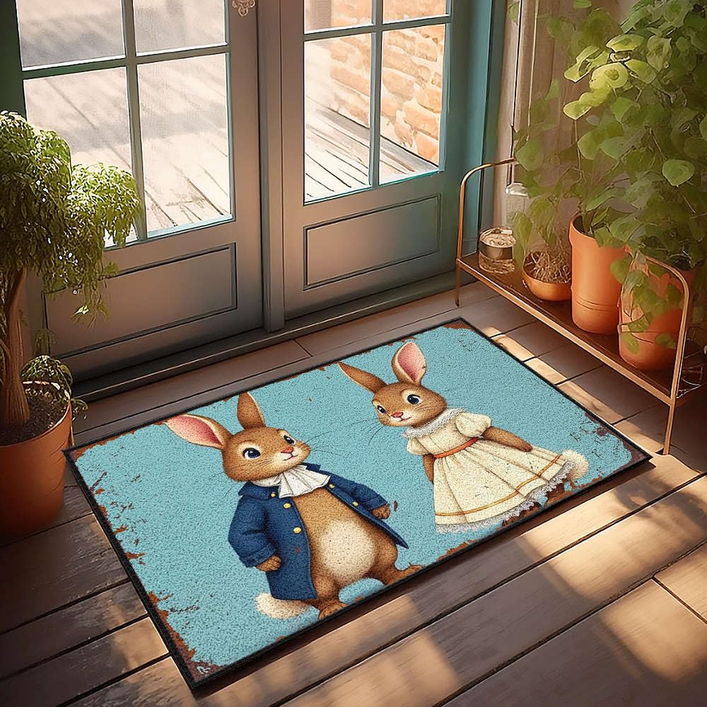 Tapis d'extérieur porte d'entrée au charme poétique avec son couple de lapins