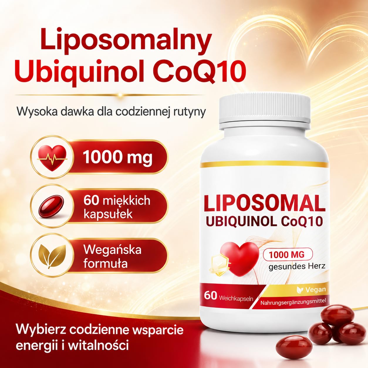 Liposomalny Ubichinol CoQ10 Kompleks 1000mg - Aktywny Koenzym Q10 Suplement - Wegańskie Kapsułki o Wysokiej Przyswajalności - 60 Sztuk