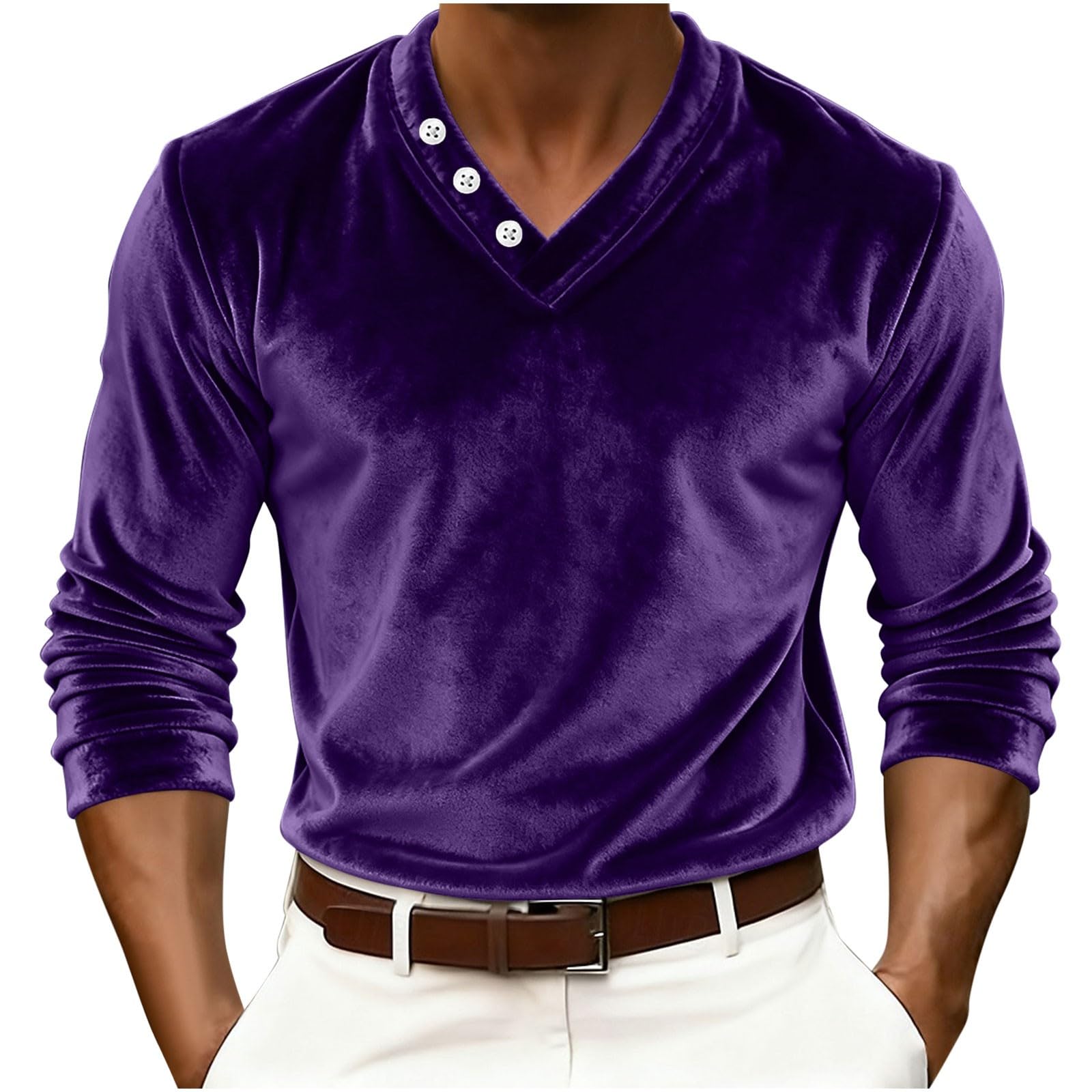 Men's Button Decor V Neck Velvet Shirts Loose Vintage Pullover Tops Long Sleeve Workout Casual Tee Shirt
