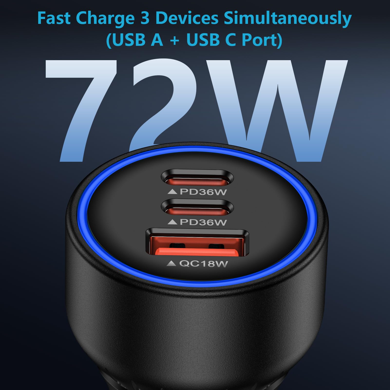 Adaptador de cargador de coche rápido de 3 puertos de 12 V, enchufe de vehículo - USB C y USB A de carga rápida - Cargador de coche para iPhone 17 Pro Max Air 17e 16e 16 15, Samsung S26