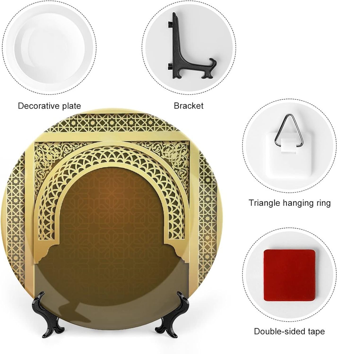 XISUNYA 10 Inch Decorative Plate, Moroccan Tableware Plate, Middle Eastern Ramadan Greeting Scroll Arch Figure Celebration Holy Eid Print Ceramic Wall Hanging for Home Office Party Dinner Table Decor