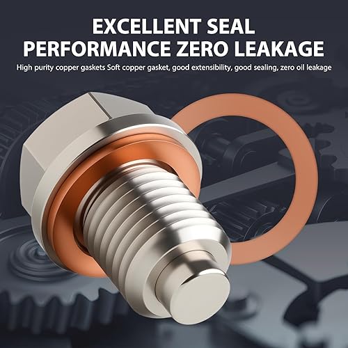 Miniatura 5 de Tapón de drenaje de aceite magnético de acero inoxidable M14 x 1.5, tuerca perno de drenaje del cárter con junta de cobre y arandela aplastante