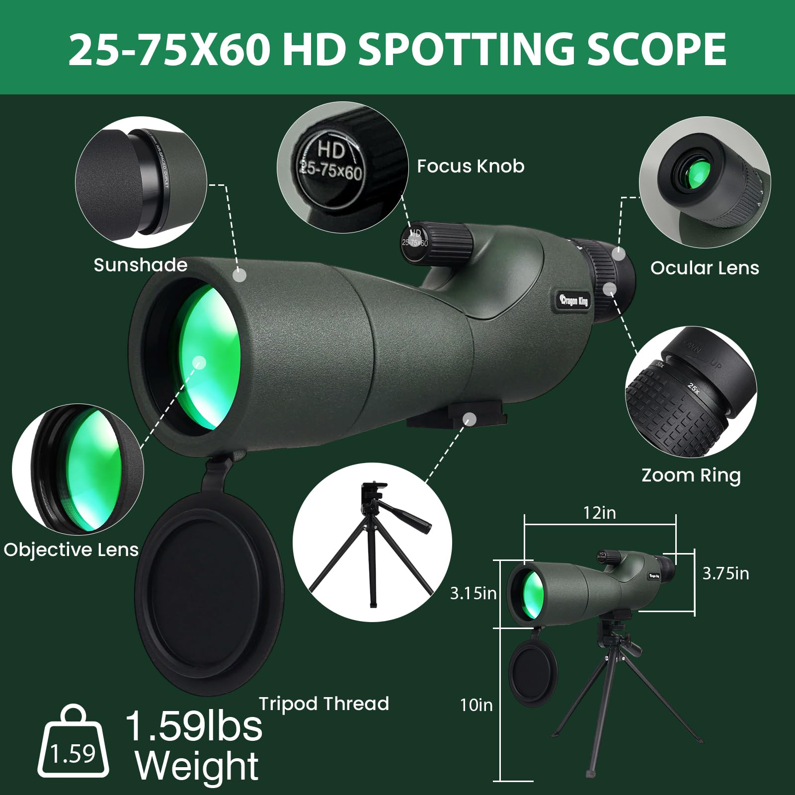 BIBIRE Spektiv 25-75x60 HD mit Stativ, Smartphone-Adapter und Tragetasche für Vogelbeobachtung