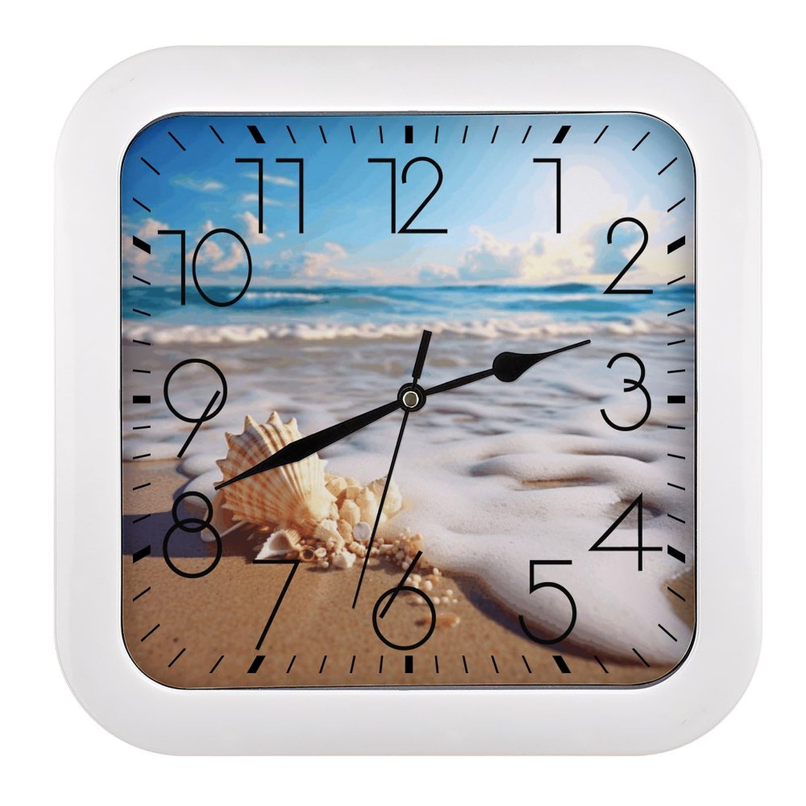 Horloge murale carrée de 25,4 cm silencieuse à piles avec motif coquillages décoratifs