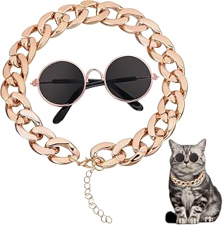 Xinjoduz Cat Gold Chain Collar and Cat Sunglasses Pet Sunglasses Retro Dog Costume Set Include Adjustable Gold Pet Chains and Funny Cute Cats Small Dog Sunglass