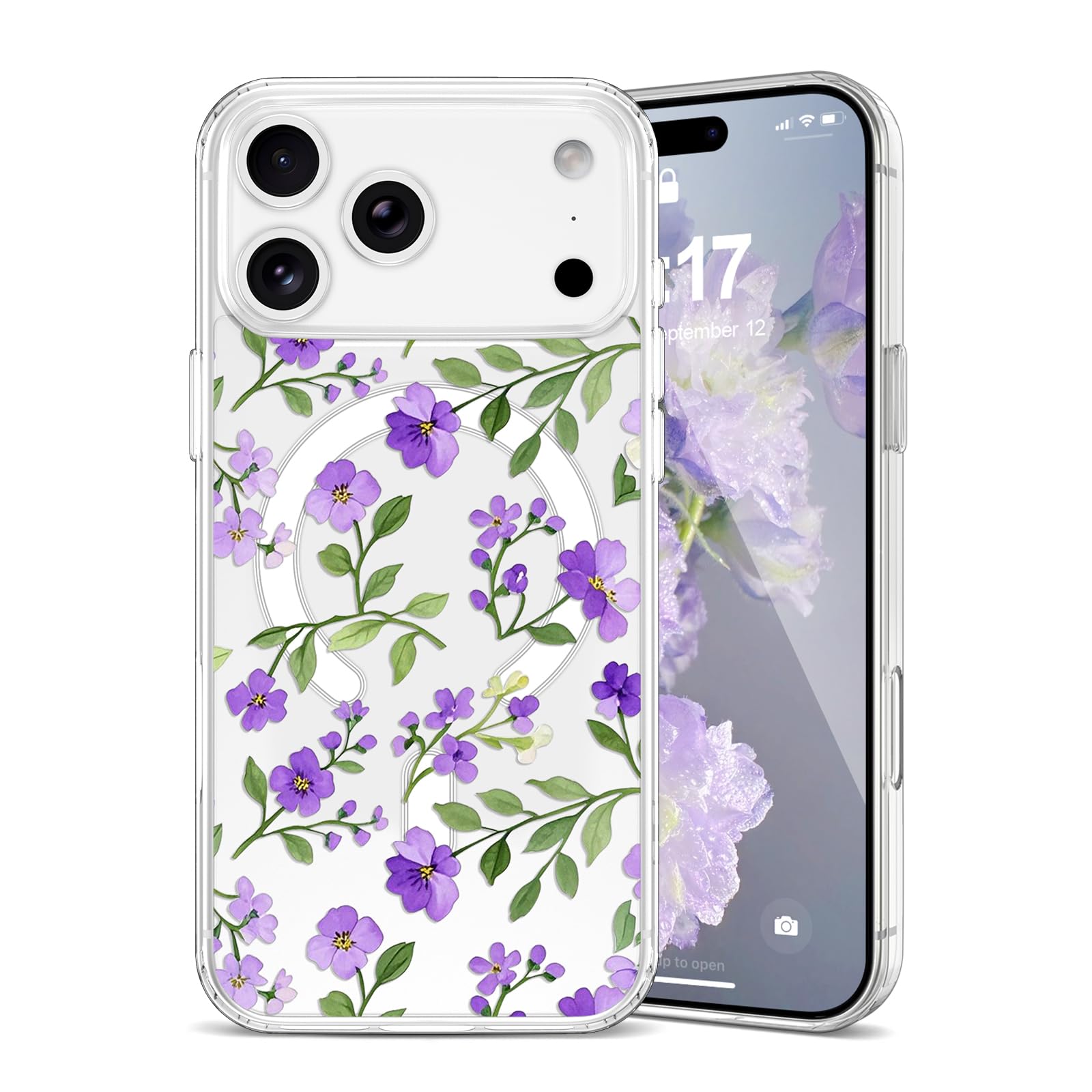 Coque iPhone 17 Pro antichoc et magnétique étui souple fleurs violettes pour charge MagSafe