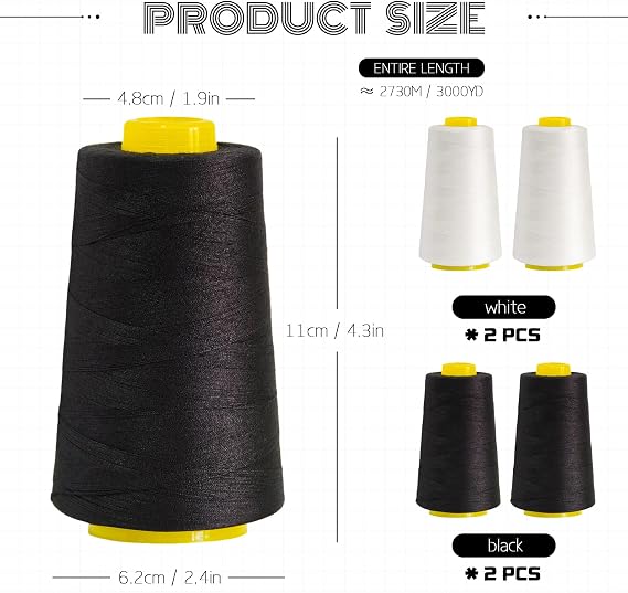 Black & White Polyester Thread | 4-Pack 12,000 Yds | for Serger & Quilting | Black & white polyester cones for serger, overlock & quilting; classic; ideal for monochrome & contrast sewing